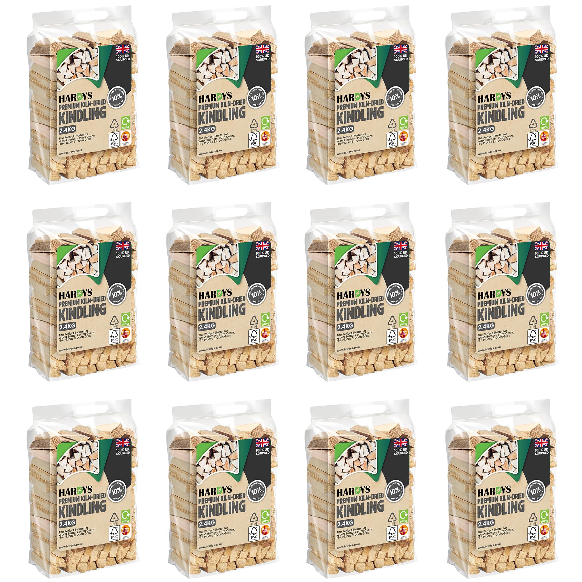 Hardys Kindling Wood, 12 Pack - 28.8kg (12 x 2.4kg) Approx. | Instant Light Firewood Logs, Smokeless - Kiln Dried - BBQ, Fire Heat Logs for Wood Burner, Pizza Oven, Open Fire Pit