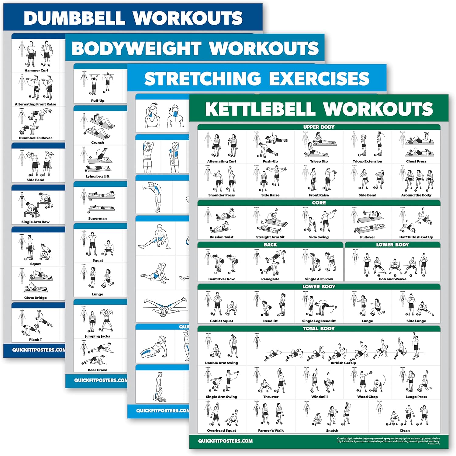 Palace Learning 4-Pack Laminated Workout Posters: Dumbbell, Bodyweight, Stretching & Kettlebell Exercises - 18x24 Inch Fitness Charts