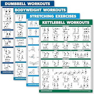 Palace Learning 4-Pack Laminated Workout Posters: Dumbbell, Bodyweight, Stretching & Kettlebell Exercises - 18x24 Inch Fitness Charts
