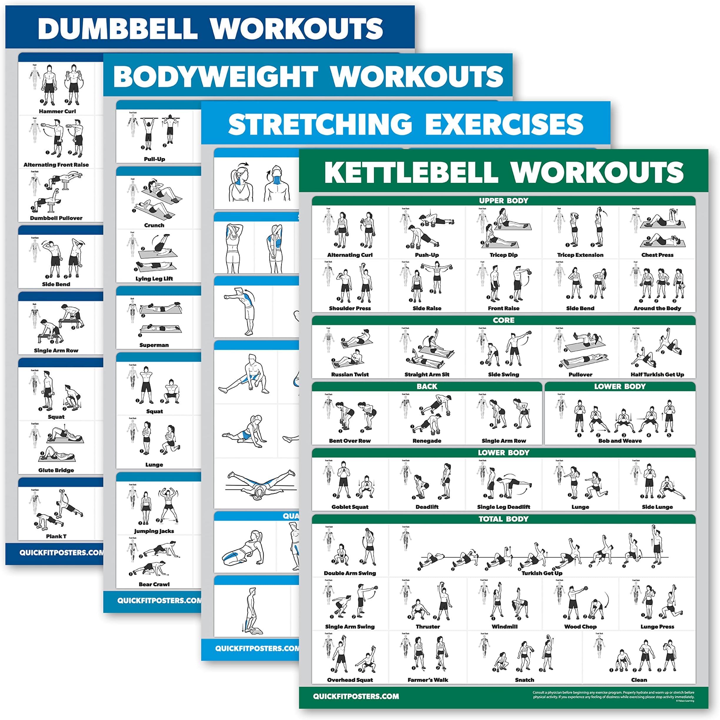 Palace Learning 4 Pack - Dumbbell Workouts + Bodyweight Workouts + Stretching Exercises + Kettlebell - Set of 4 Workout Charts (18” x 24”, LAMINATED)