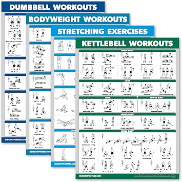 Palace Learning 4 Pack - تمارين الدمبل + تمارين وزن الجسم + تمارين التمدد + Kettlebell - مجموعة من 4 مخططات تمرين 18 x 24، مغلفة
