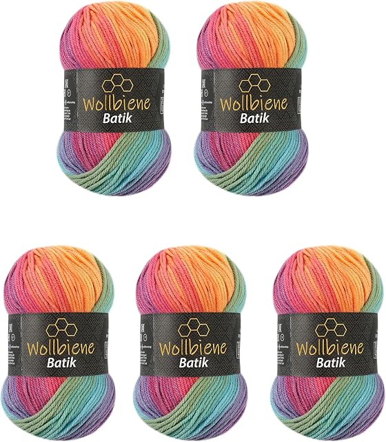 5 x 100 g Wool Bee Batik 500 g Wool with Colour Gradient Multicoloured Knitting Wool Crochet Wool (5040 Pastel Rainbow)