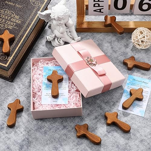 Miniatura 5 de Juego de 24 cruces de madera para sostener la mano, 24 mini cruces de bolsillo de 2.56 pulgadas con 24 tarjetas de oración bíblica y 24 bolsas de
