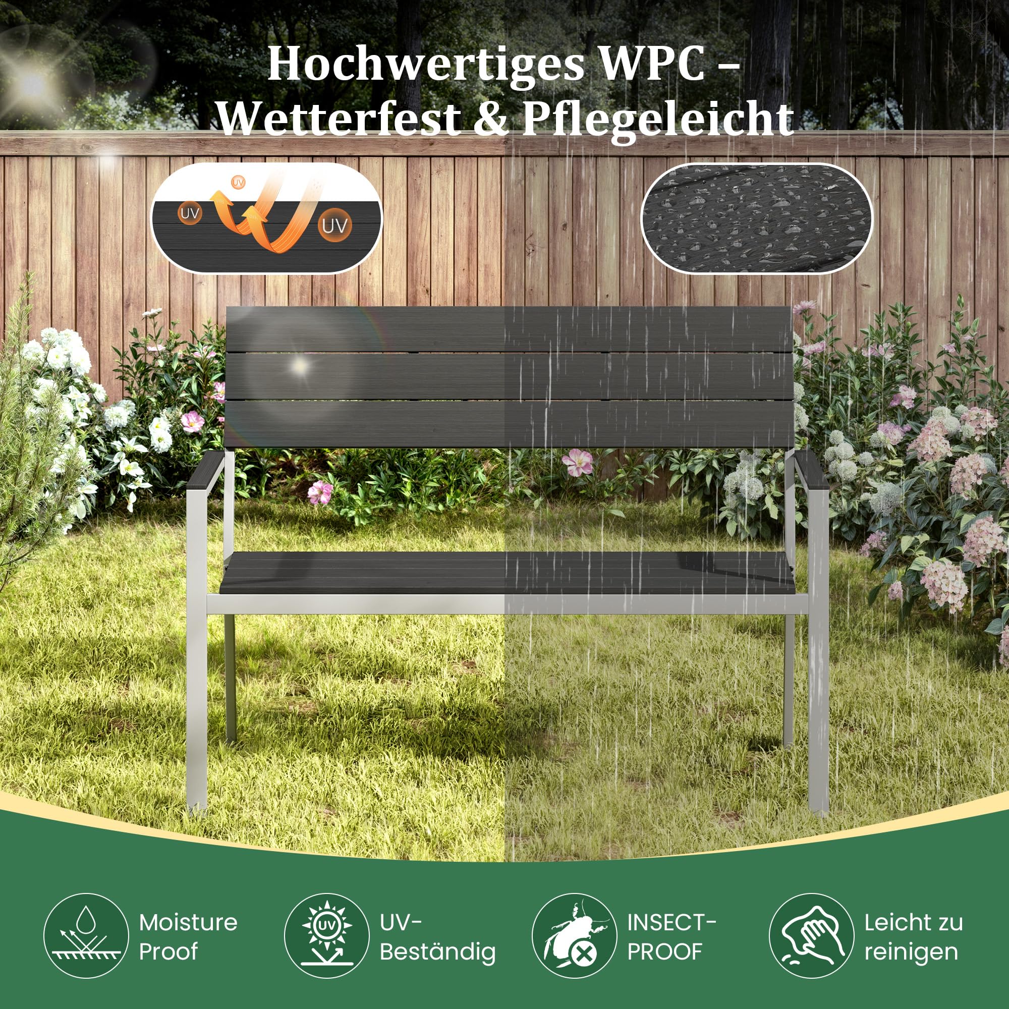 Amopatio Gartenbank Wetterfest, 2 Sitzer Sitzbank Outdoor, Balkonbank Metall aus WPC, UV-beständig Holzbank, Moderne Parkbank Gartenmöbel bis 320kg für Garten, Terrasse & Balkon, Schwarz-Anthrazit
