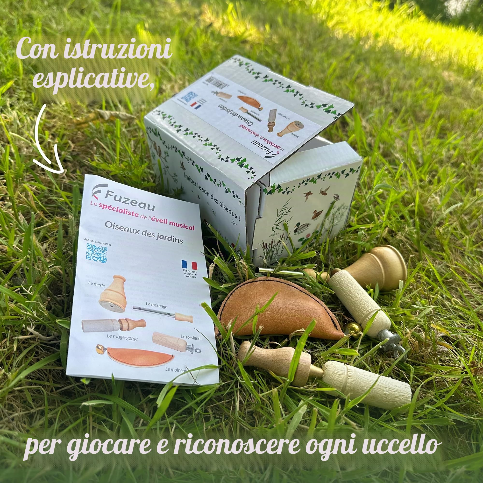 Fuzeau – Cofanetto 5 Appeaux Manuali - Legno Naturale Bosso e Faggio Vernice Alimentare – Suoni di Uccelli Autentici Gallina d'Acqua, Tordo, Passero, Rossignolo, Anatra – Da 4 Anni - Ref.78321