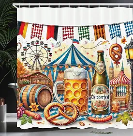 Lunarable Cortina de chuveiro Oktoberfest, cena festiva de itens clássicos da Baviera Folk Alemão Tenda de Cerveja Frankfurter, Conjunto de Decoração de Banheiro de Tecido de Tecido com Ganchos, 175
