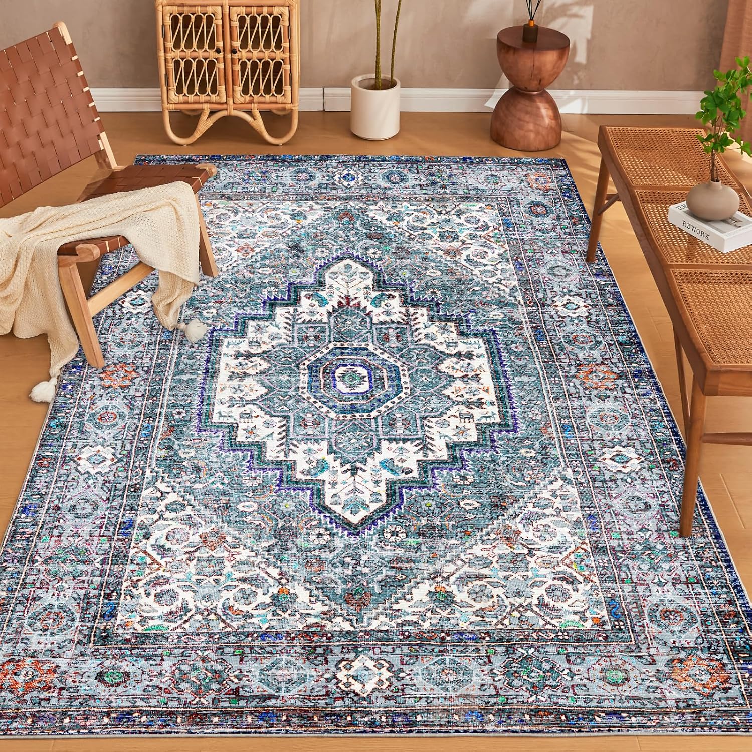 Washable Rugs 5x7’ Area Rugs Clearance 5x7’ Washable Area Rug Non Slip Bedroom Rugs 5x7 Oriental Rug Extra Soft Low Pile Vintage Boho Living Room Rugs 5x7 Rugs for Bedroom Dining Room Playroom 5'x7' Grey/Multi