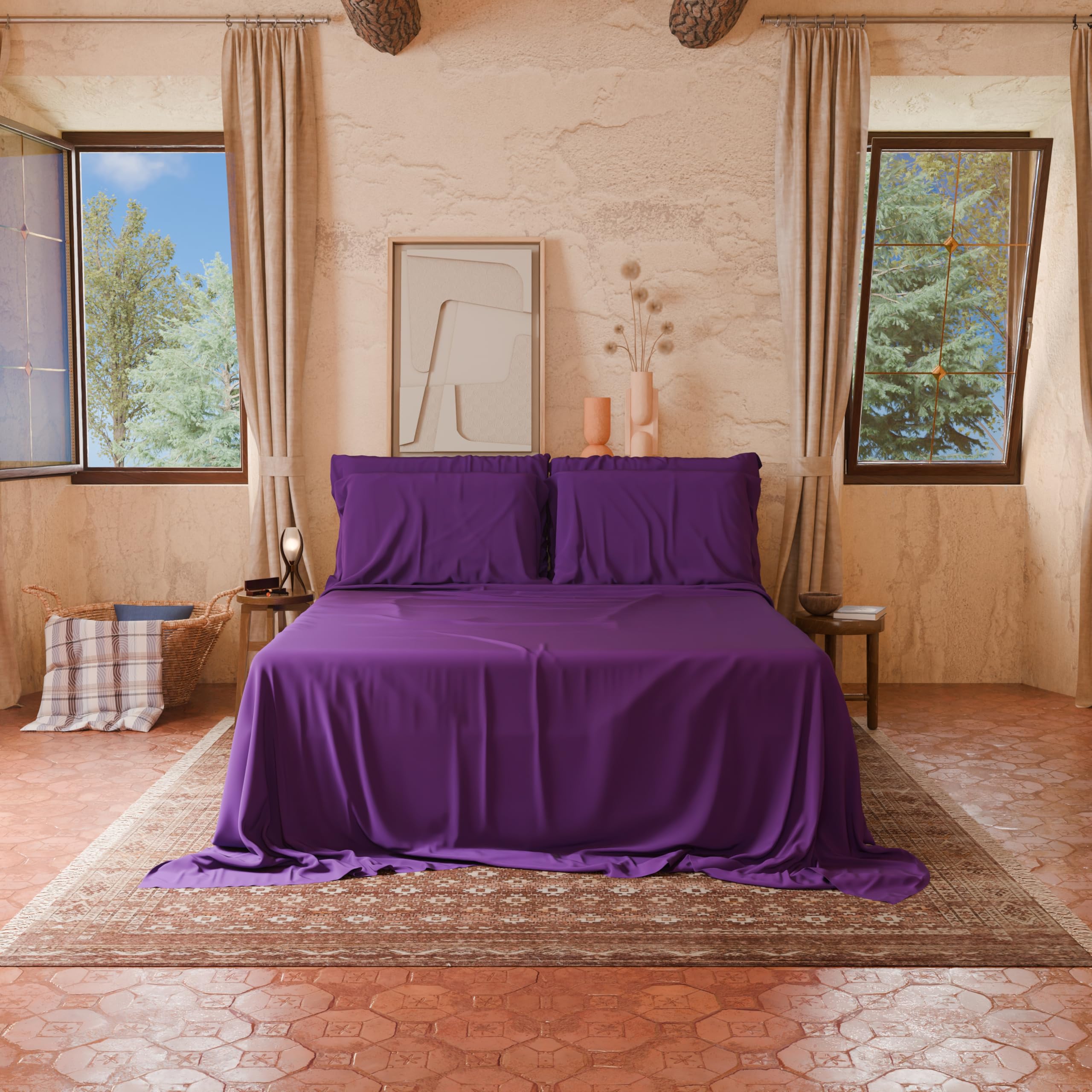 PETTI Artigiani Italiani - Parure de lit 4 pièces pour lit Double, Douce et Respirante, Comprenant Drap Plat, Drap-Housse et 2 taies d'oreiller, Coloris Prune