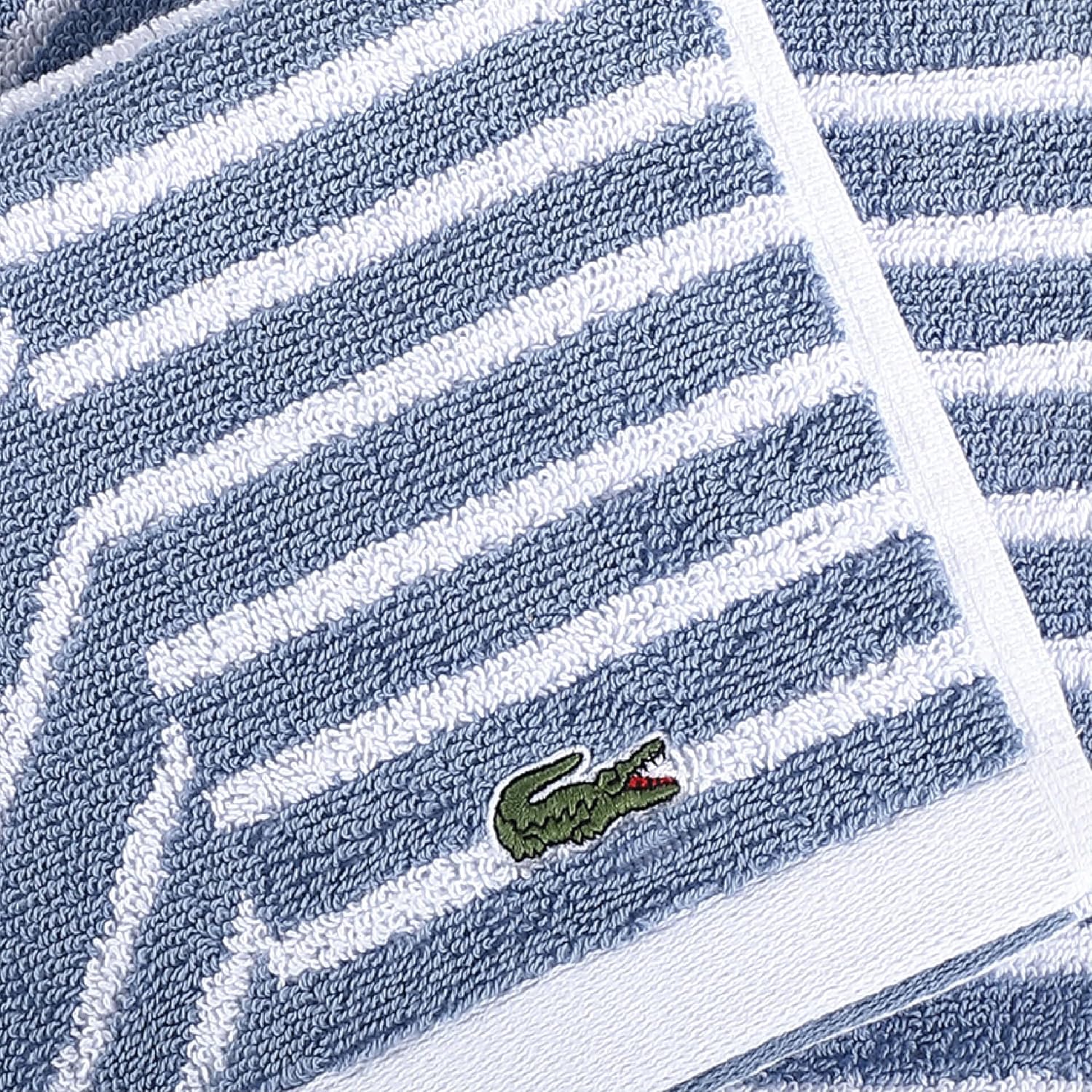 Lacoste Guethary Striped Towel – 100% Cotton, Reversible Modern Geometric Design, Soft & Absorbent, Durable & Lightweight, Machine Washable – Denim, 30"x54" Bath Towel