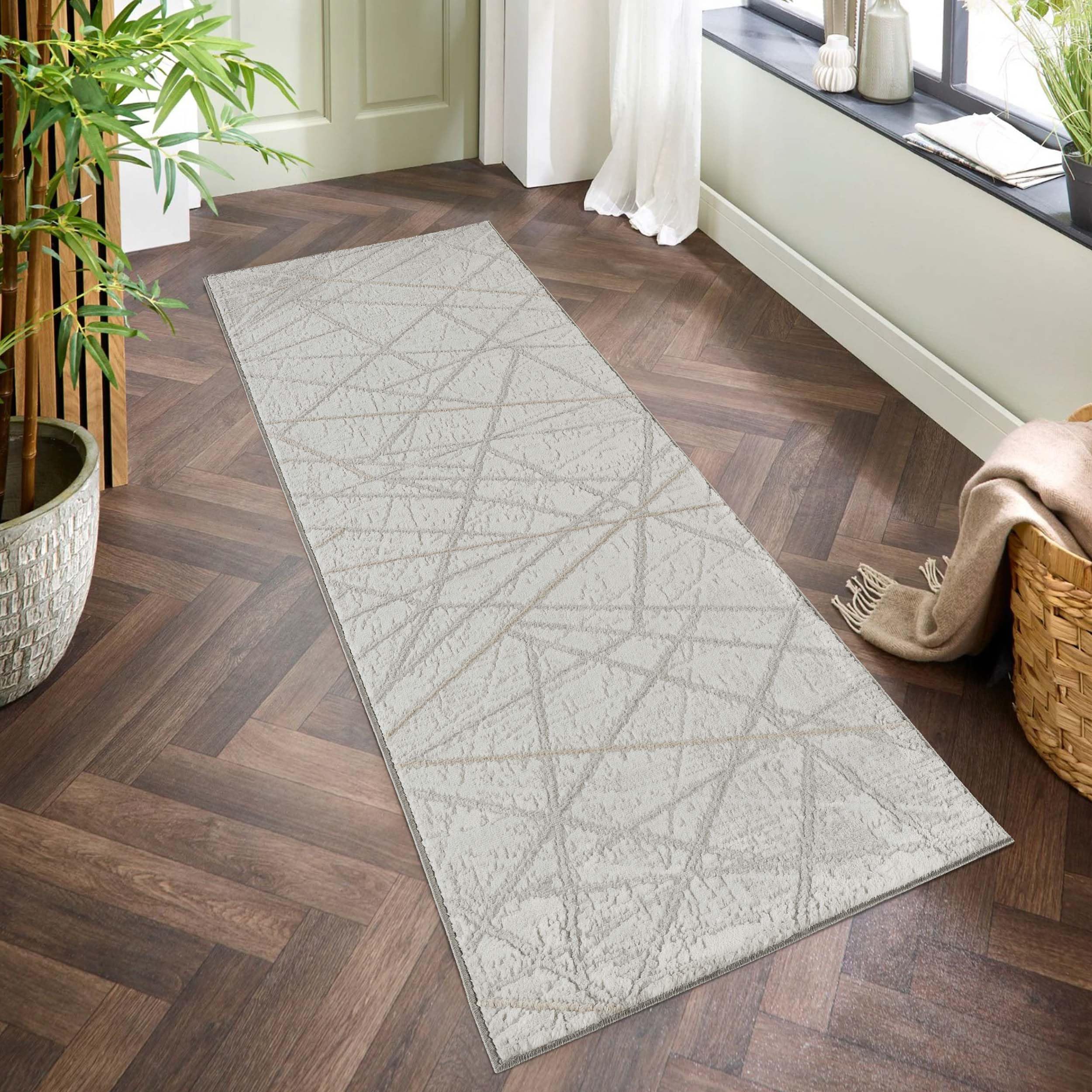 Perla Metallic Abstract Modern Hallway Runner Rug, Grey, 60x220cm
