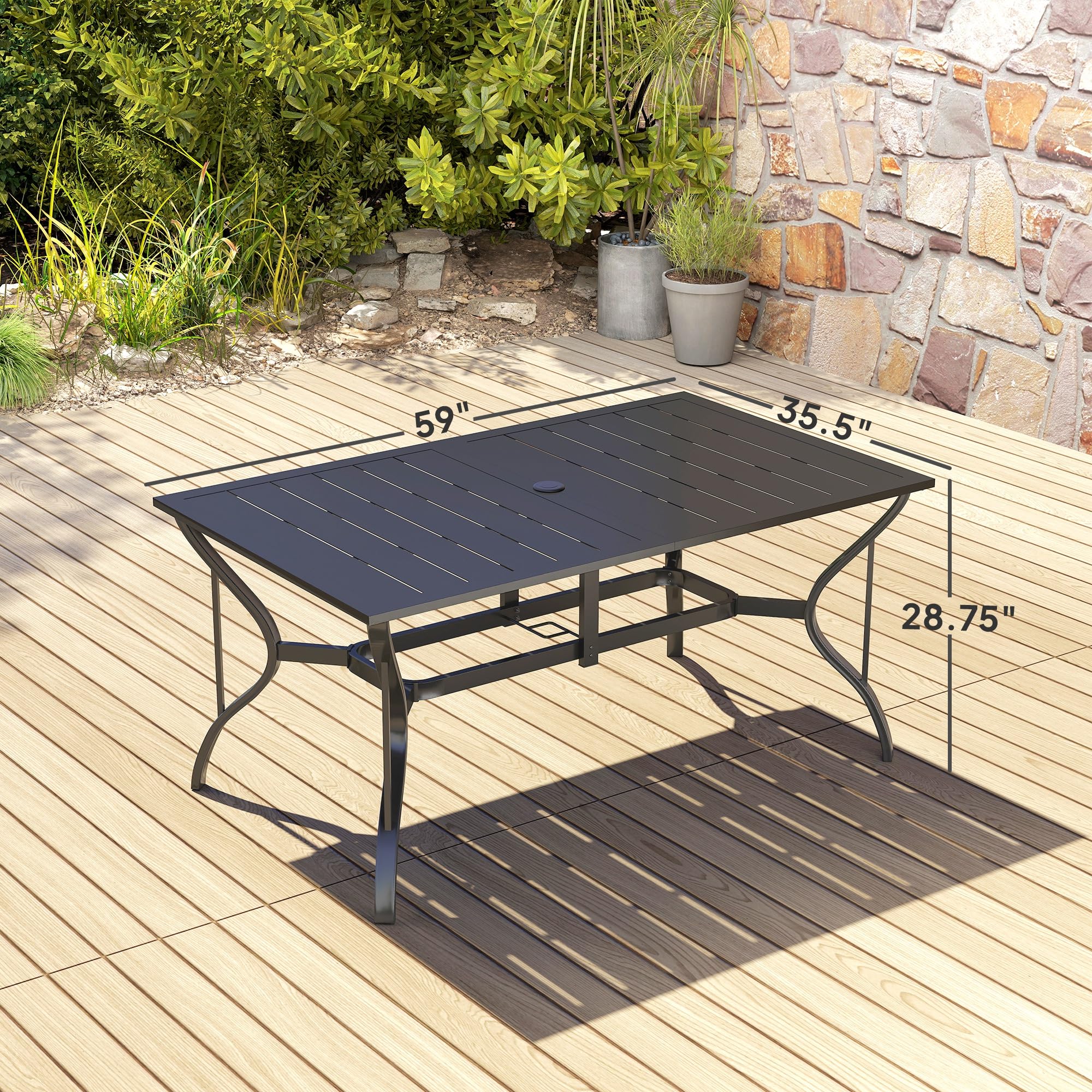 Mesa de comedor rectangular para 6 personas, mesa rectangular de acero con agujero para paraguas, marco de acero para jardín, balcón, color negro 7