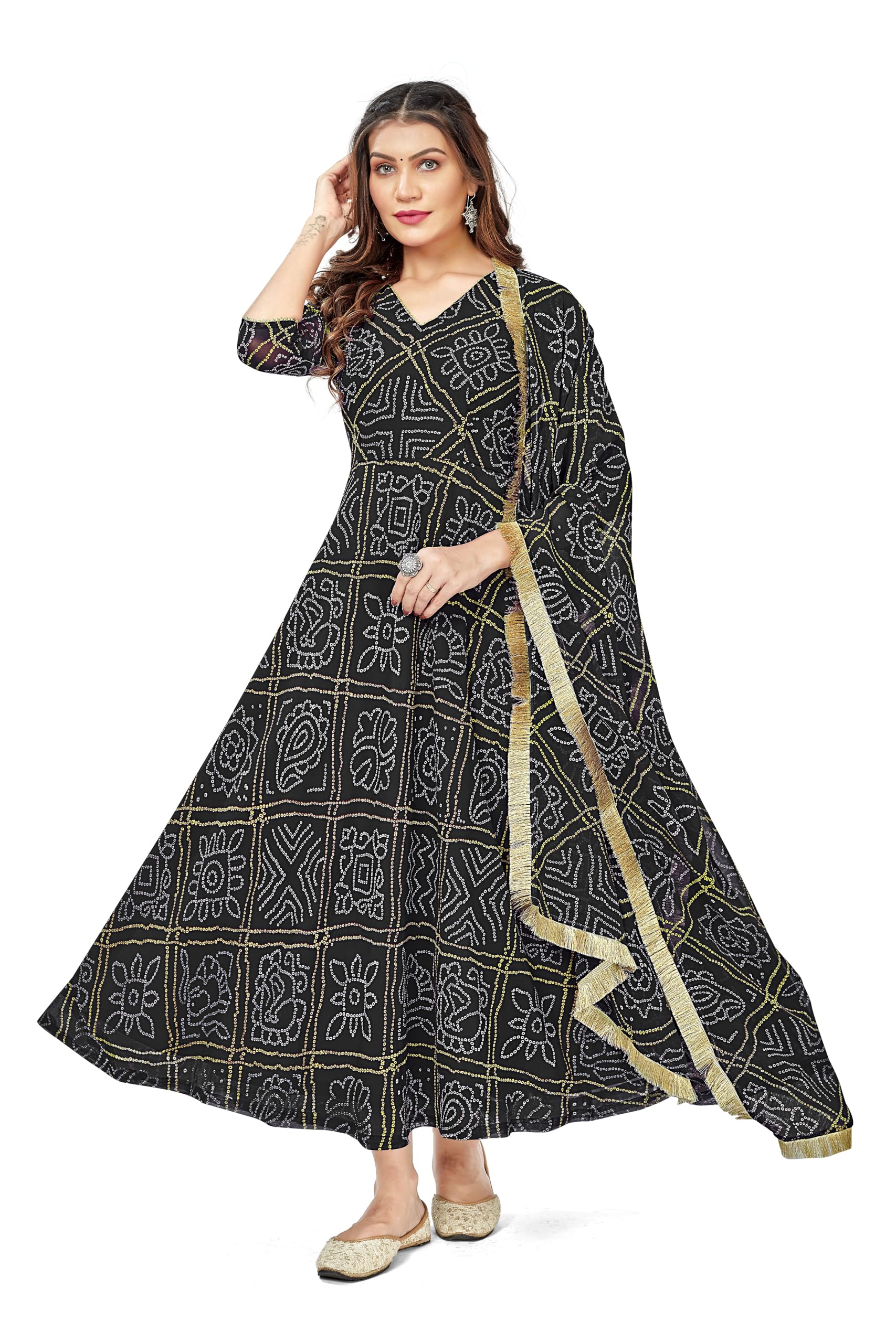 VIHARA THREADS Women's Bandhani Print Anarkali Kurta with Matching Dupatta, Ethnic Indian Wear