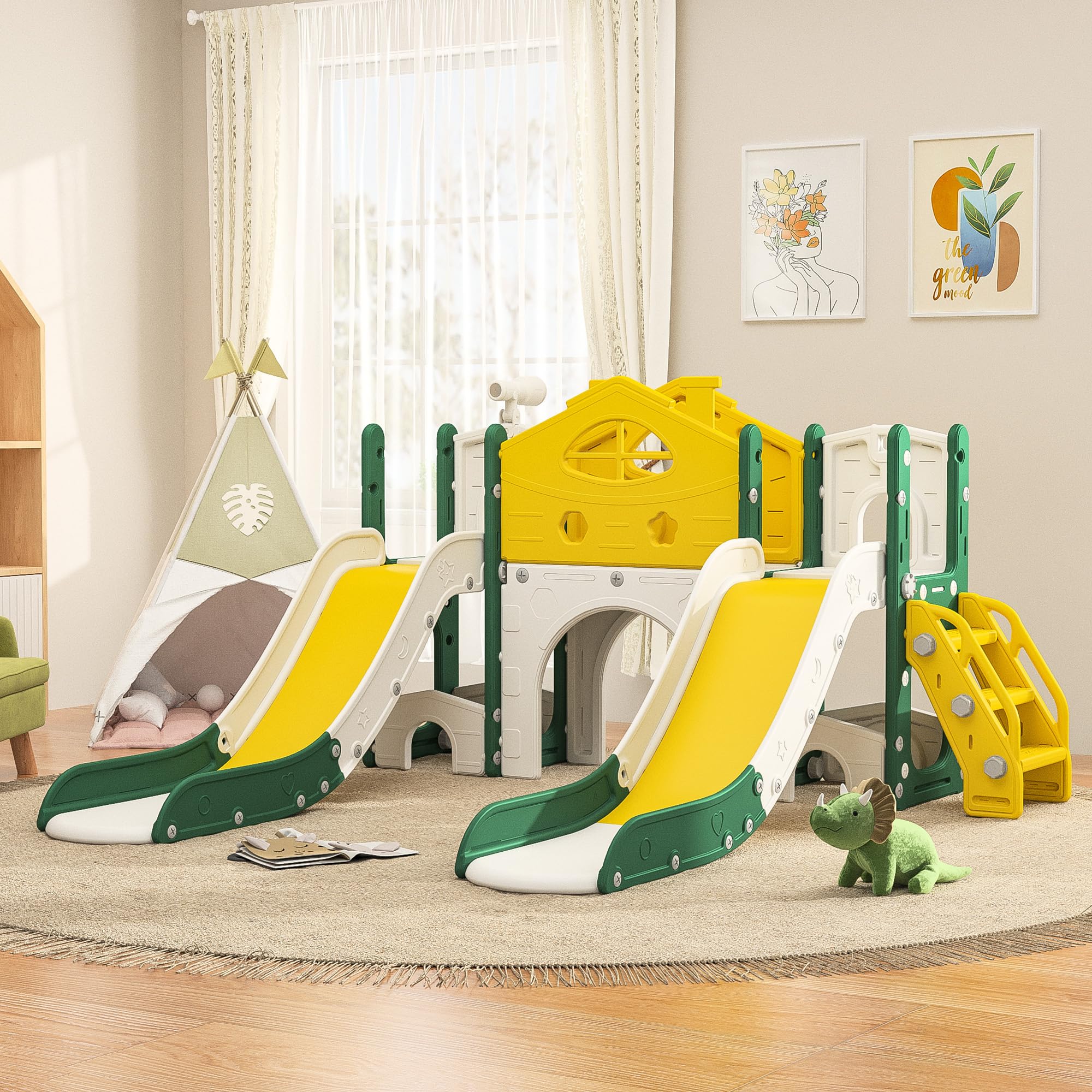 Kinderrutsche 7 in 1, Babyrutsche für drinnen und draußen, mit Spielplatz, Doppelrutsche mit Basketballkorb, lange Rutsche und freistehende Kletterstruktur (Gelb, B)