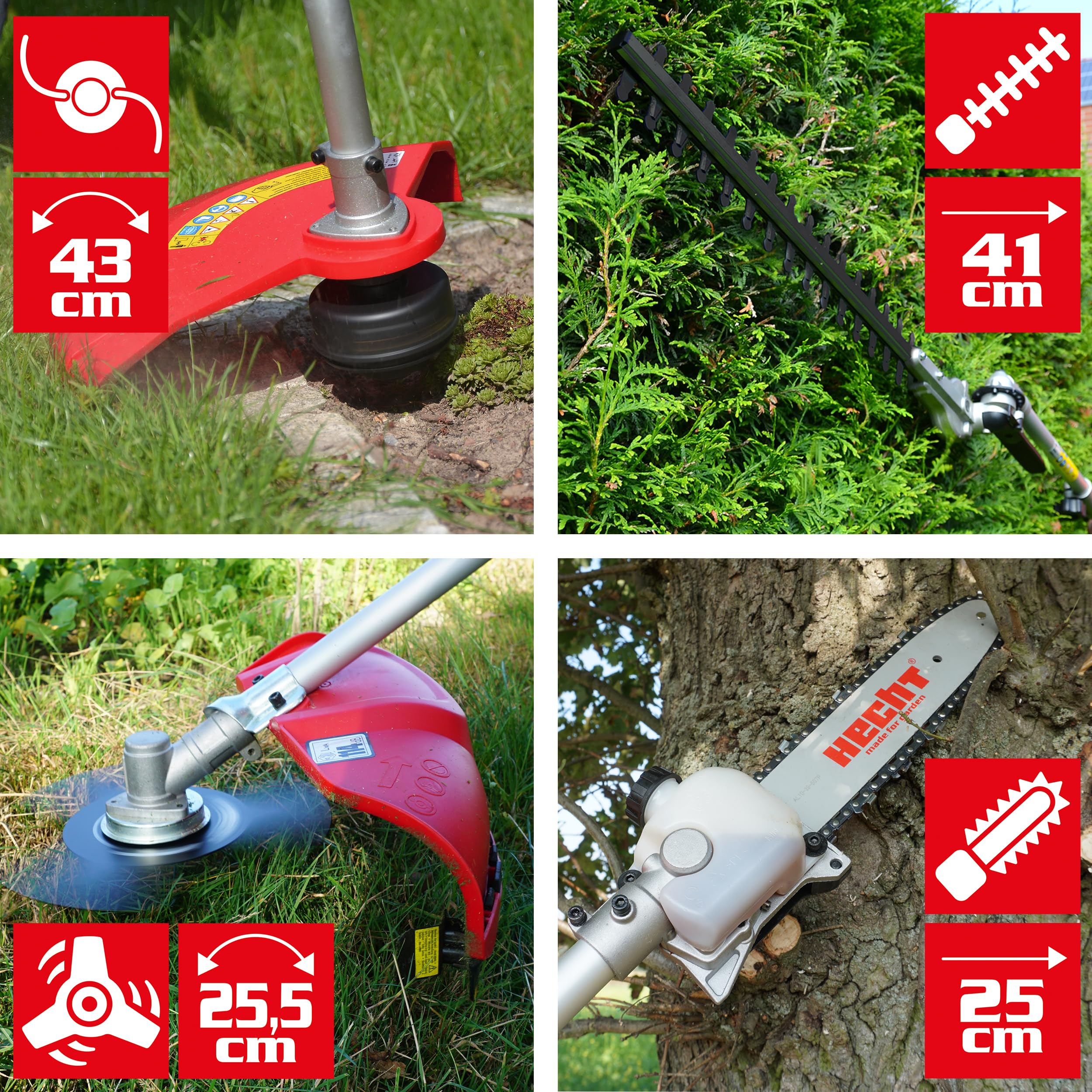 HECHT Hochwertiges 4 in 1 Benzin Multifunktionsgerät - Starke 2 PS - Freischneider, Rasentrimmer, Hochentaster und Heckenschere in Einem I Mit idealer Verlängerung