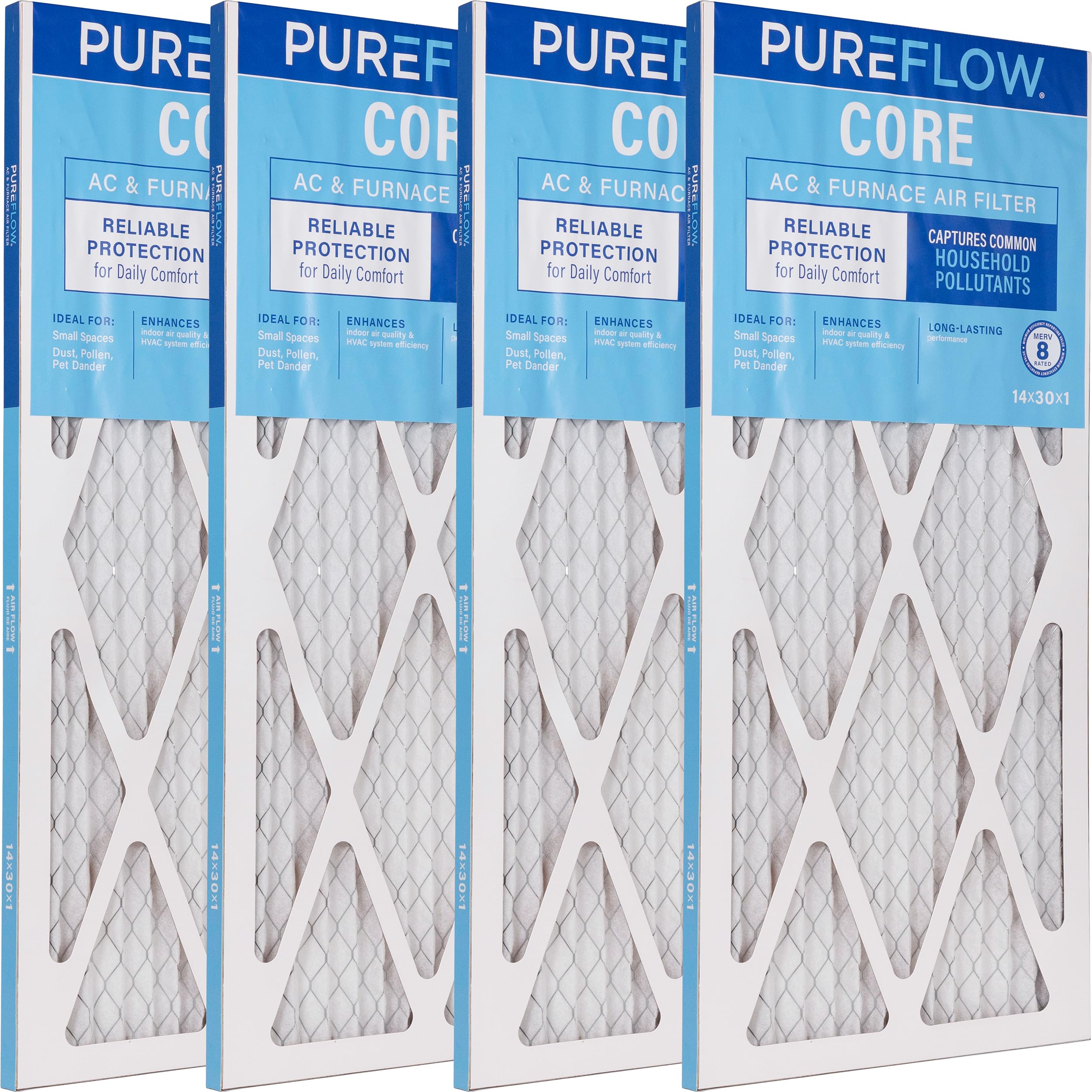 PUREFLOW Home Air Filter MERV 8, 14x30x1 Furnace Filter, 4 Layer High Efficiency Filtration for Dust, Smoke, Fumes, Pollutants (4-Pack)