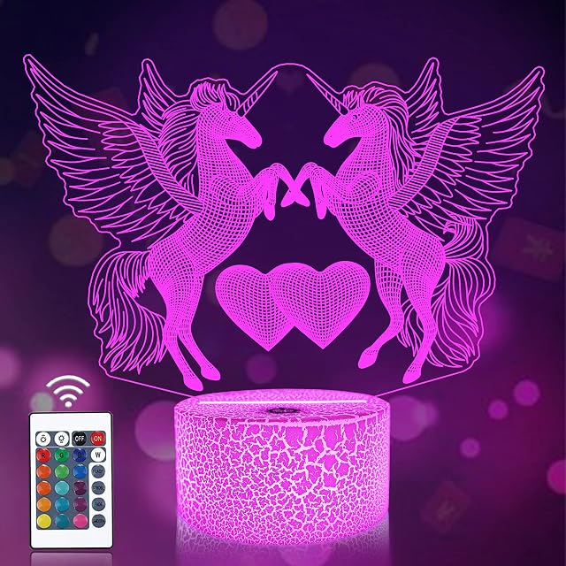 CooPark Unicorn Bedside Lamp, 3D Illusion Double Unicorn Night Light,16 Colors Changing Remote Control Optical LED Light, Room Decor Romantic Personalized Gift for Girl Kid Baby