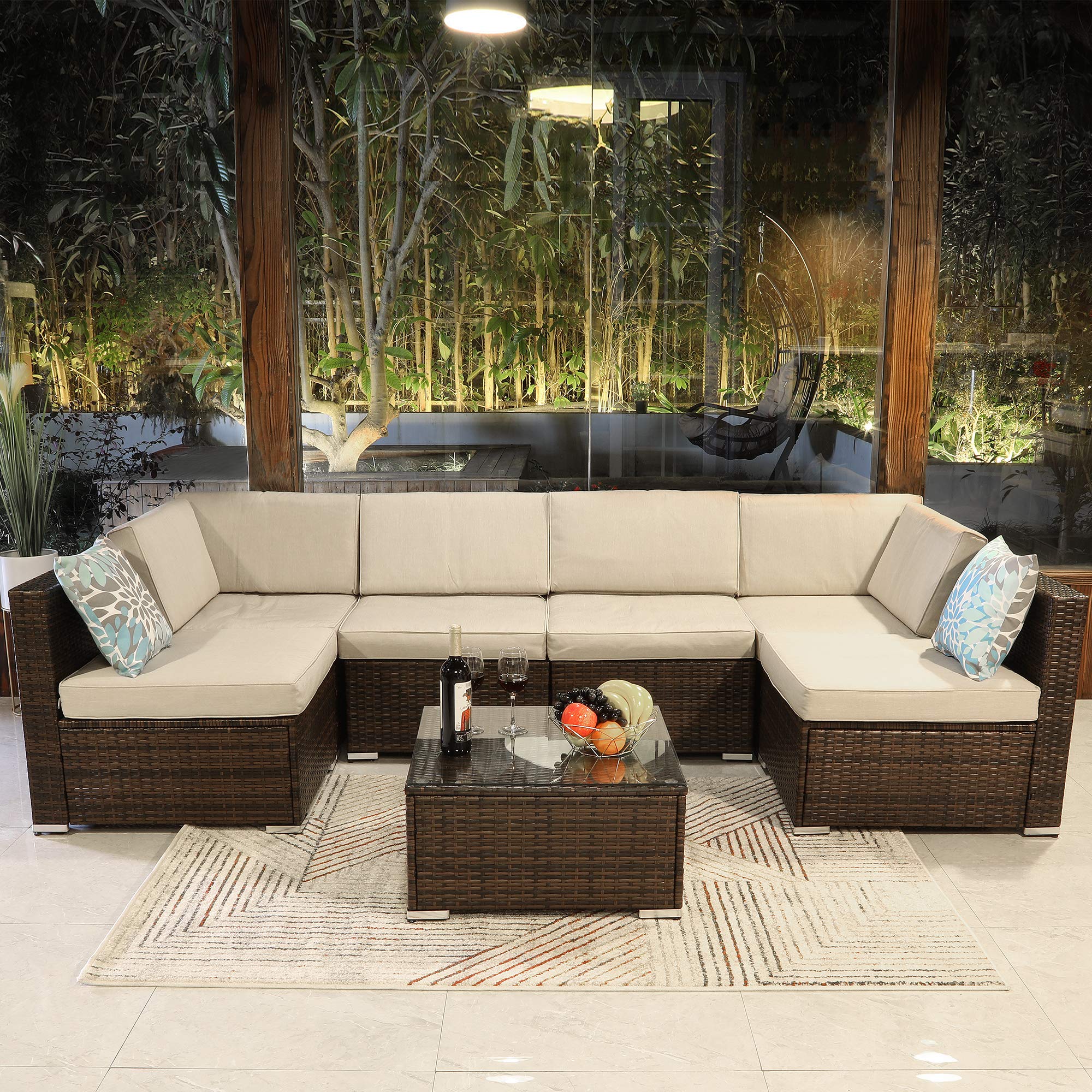 YITAHOME 7 Piece Outdoor Patio Furniture Sets, Garden Conversation Wicker Sofa , Patio Sectional Furniture with Coffee Table and Cushion for Lawn, Backyard, and Poolside, Brown,FTPLPB-0018/0019/0021 ( Incomplete, Box 3 of 3 only )