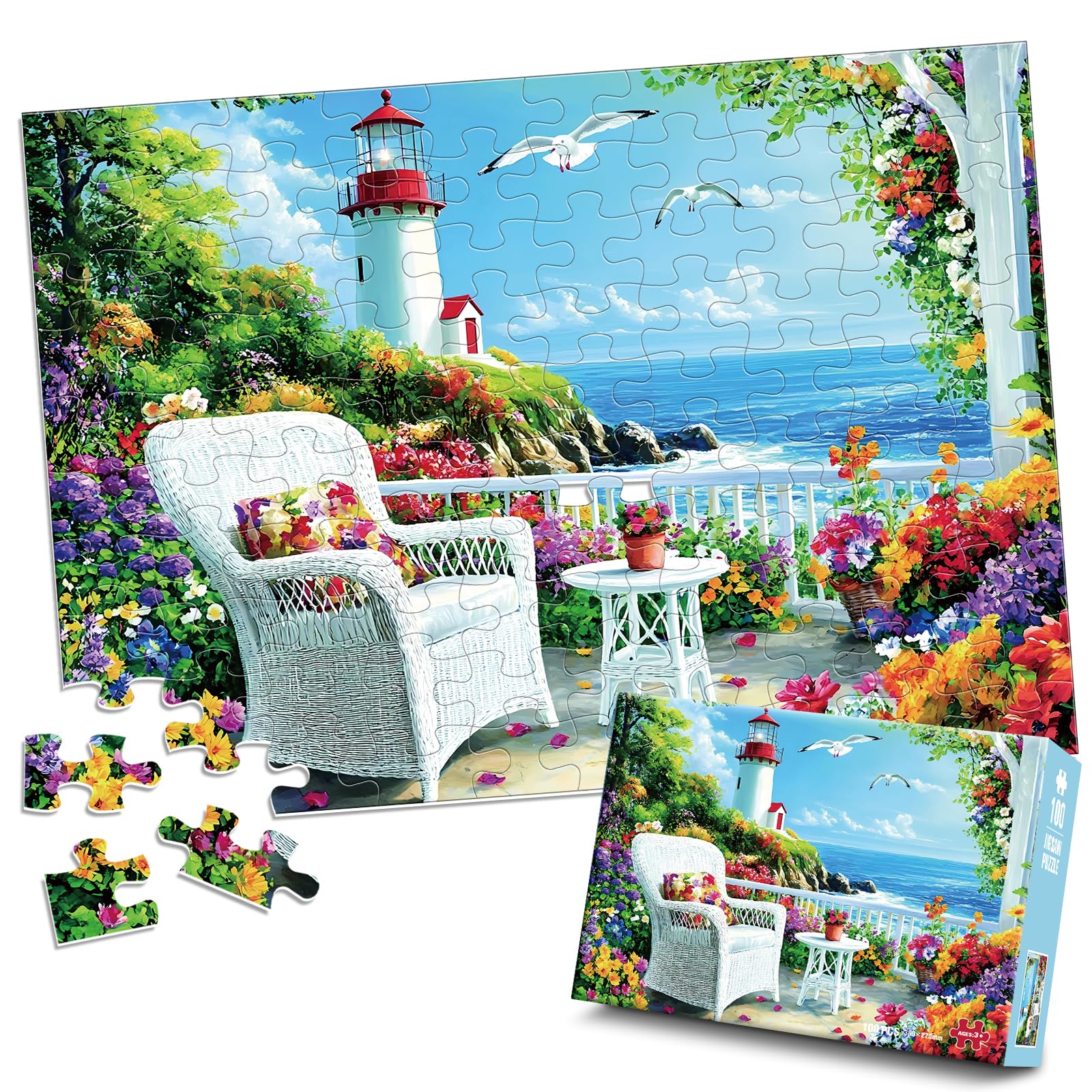 Jeacirio 100 Piece Puzzles for Adults and Seniors, Lighthouse Coastal Jigsaw Puzzle, Colorful Ocean View with Flowers and Seaside Garden, Easy Beginner Puzzle, Large Piece Puzzle Gift for Older Adults