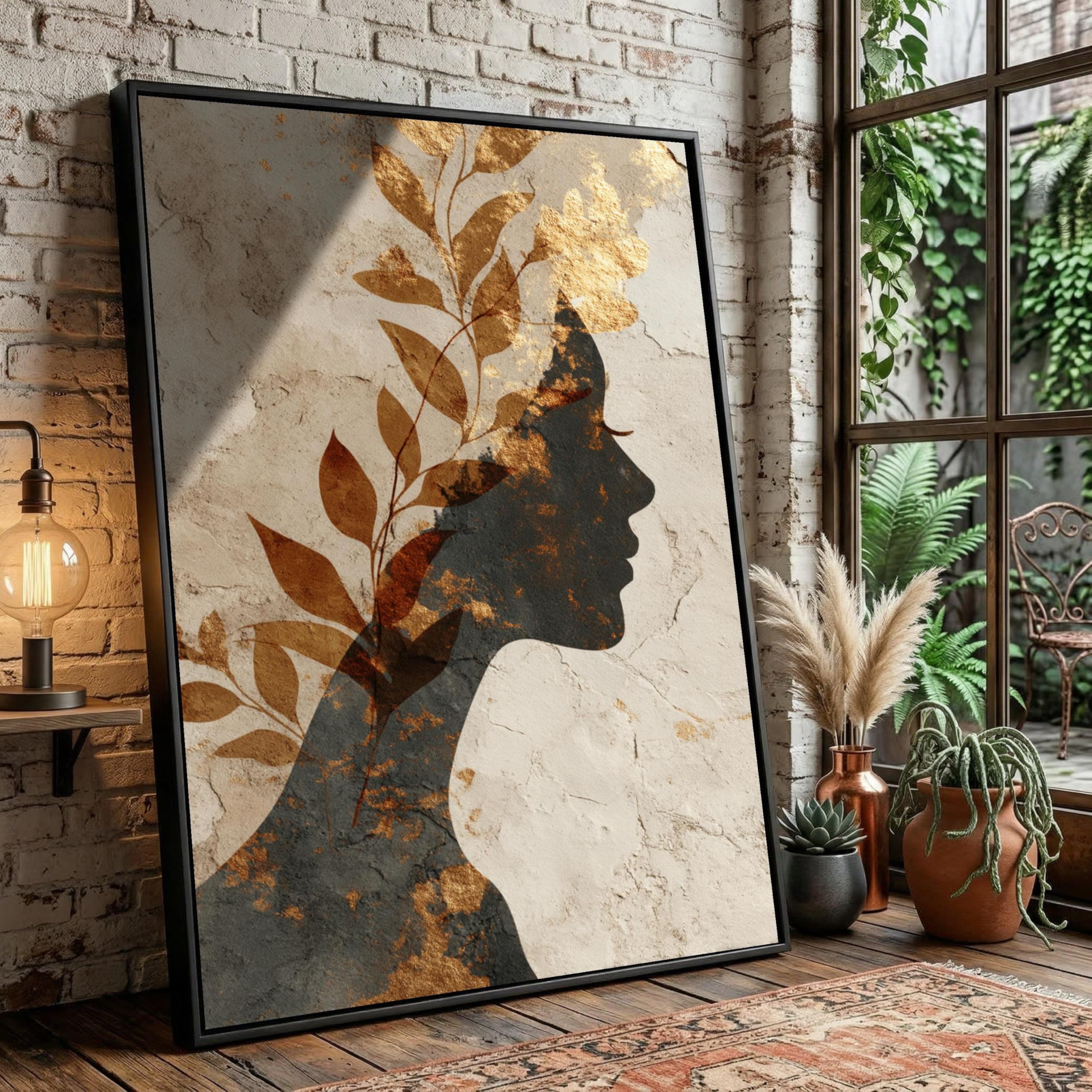 CAOXTART Elegant Female Silhouette Canvas, Botanical Leaf Wall Art, Abstract Nature Aesthetic Painting, Minimalist Home Decor(60x80cm/Frameless)