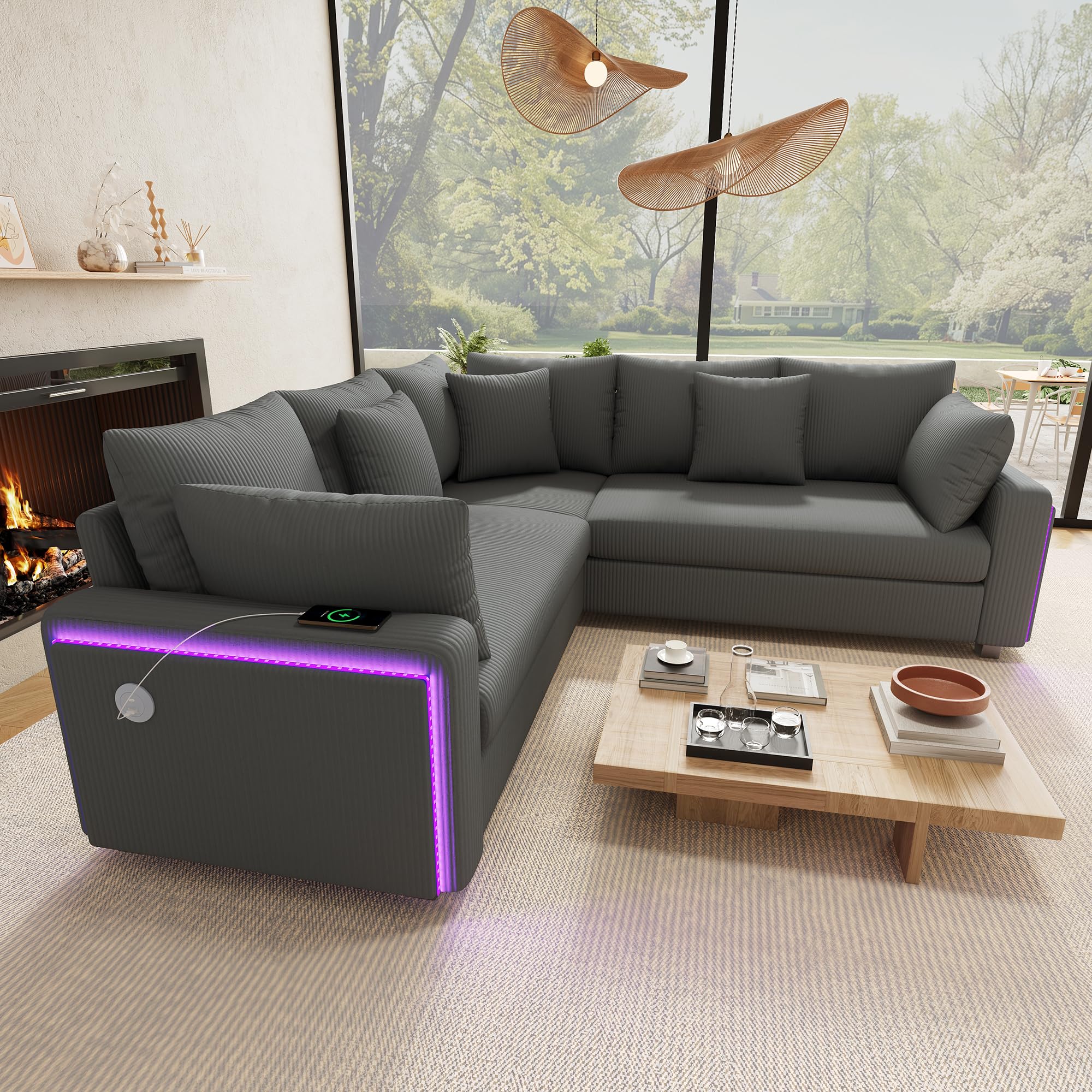 Sapgaks Canapé Convertible en L avec LED et USB C, Canapé d'angle Convertible en Velours Côtelé avec Coussins et Accoudoirs, Canapé Modulable Multifonctionnel au Salon Appt, Gris