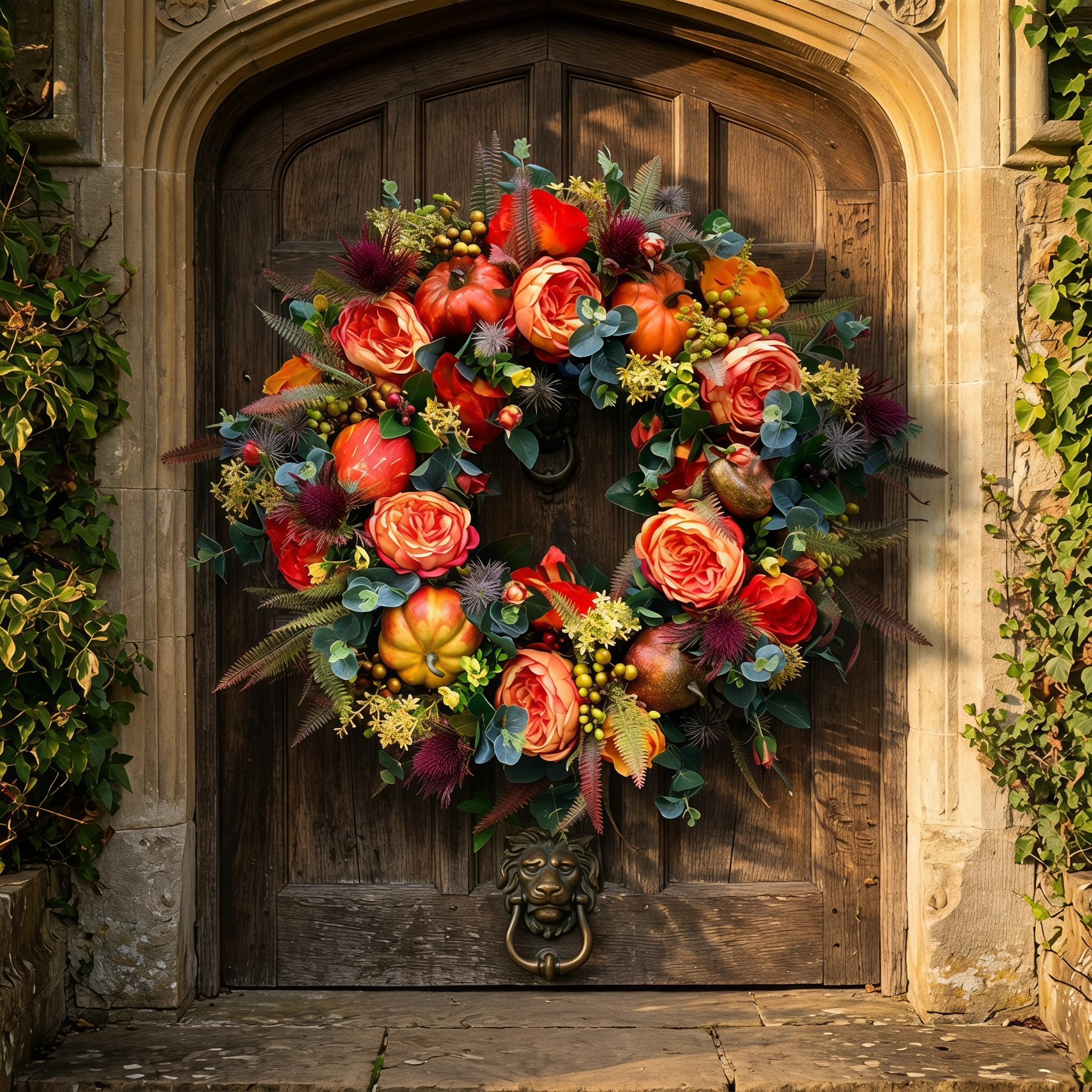 Autumn Wreath for Front Door, Large Artificial Fall Garland with Pumpkins & Maple Leaves, Durable Outdoor Autumn Door Wreaths for Thanksgiving & Halloween Decor，45cm