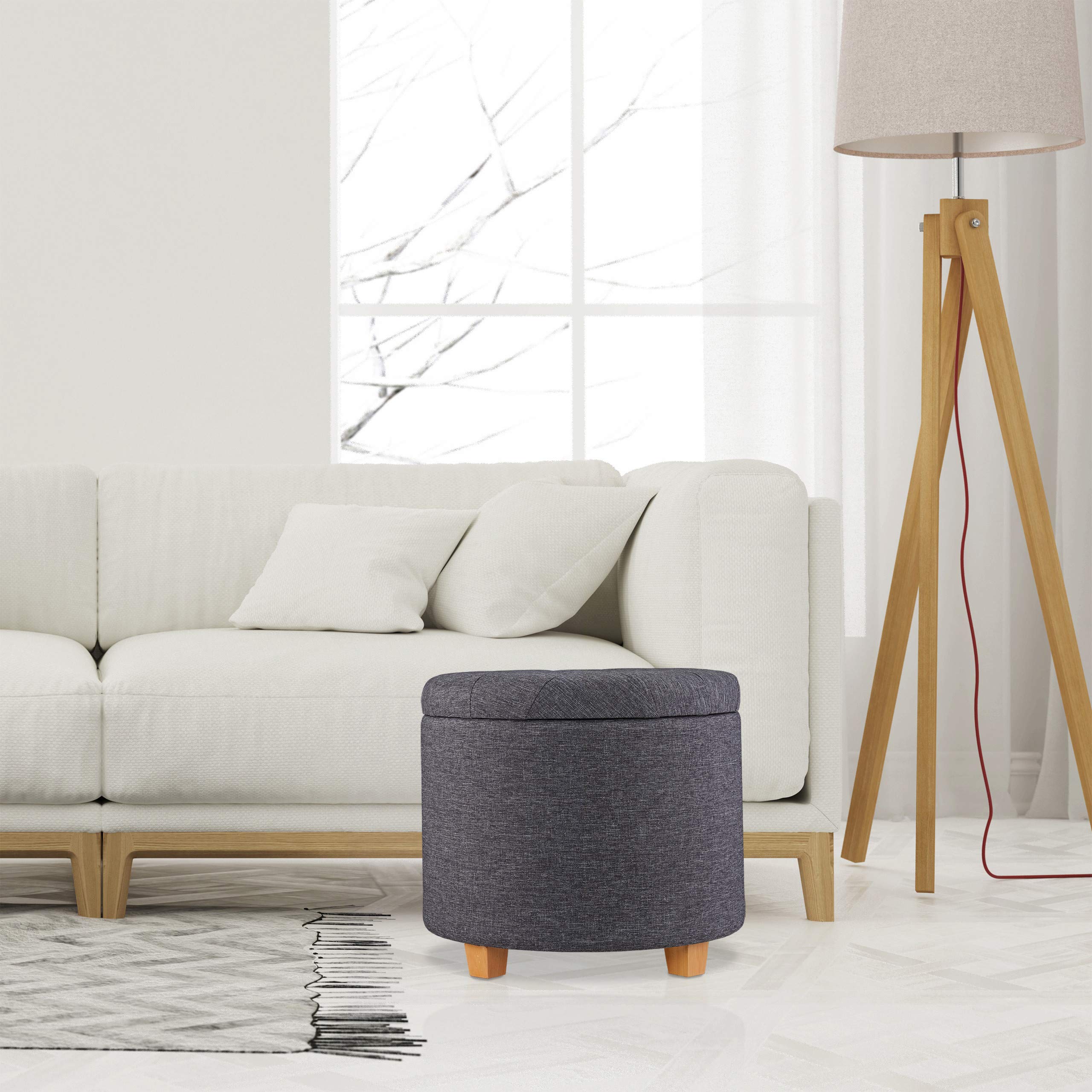 Relaxdays Pouf Contenitore Rotondo, Sgabello Imbottito, Poggiapiedi Salotto, Effetto Lino, HxD: 41 x 44 cm, Marrone