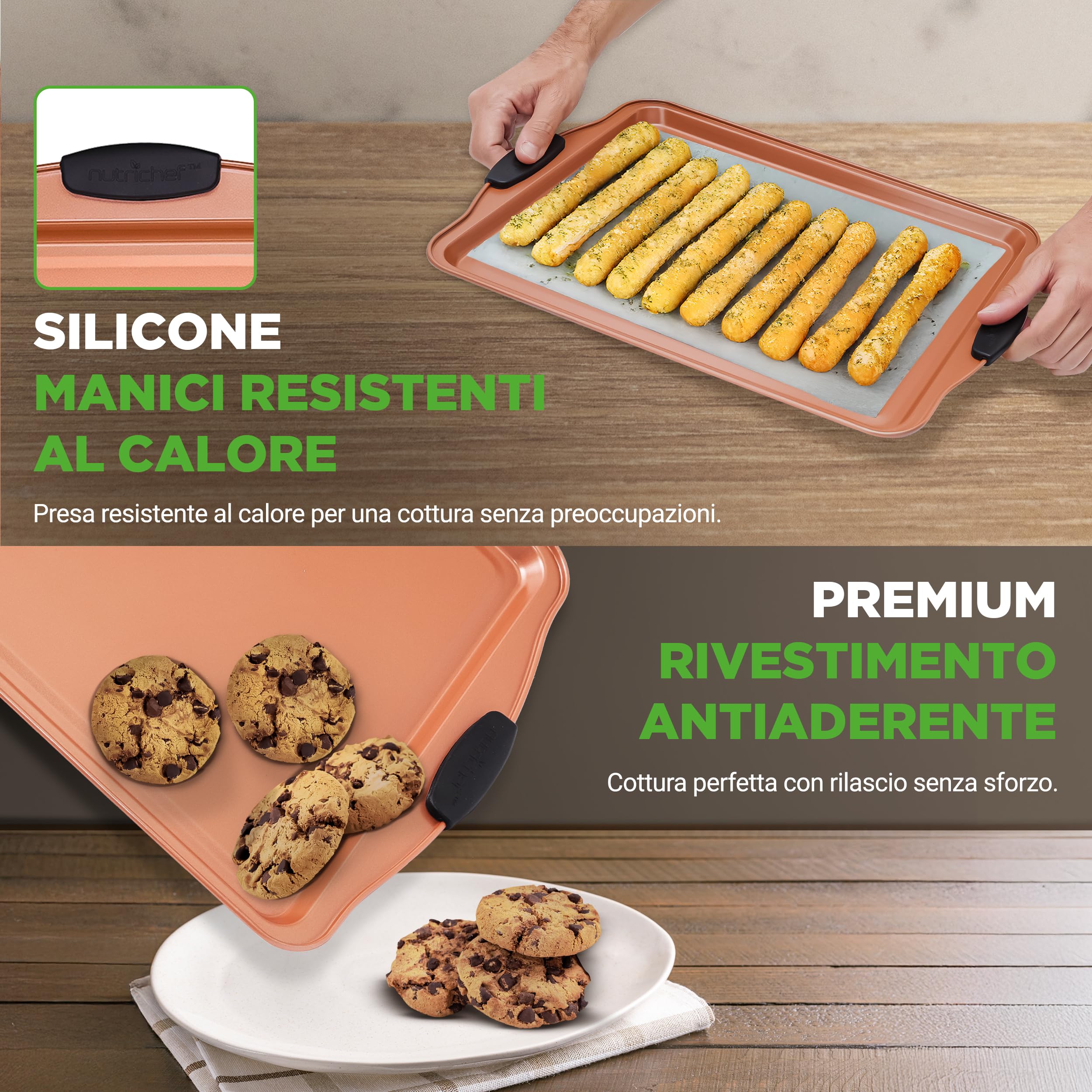 NutriChef Set 5 Teglie da Forno Antiaderente, Biscotti Impilabili, Teglia Arrosto Coperchio, Maniglie Silicone, Facili da Pulire, Rame