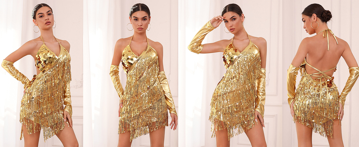 Amazon.com: Women Salsa Latin Dance Dress Ballroom Dance Costume +  Fingerless Long Opera Finger Gloves Sequin Tassel Fringe Flapper Dress  1920s Gatsby Halter 20s Cocktail Rhythm Tango Cha Cha Rumba Dress Black :