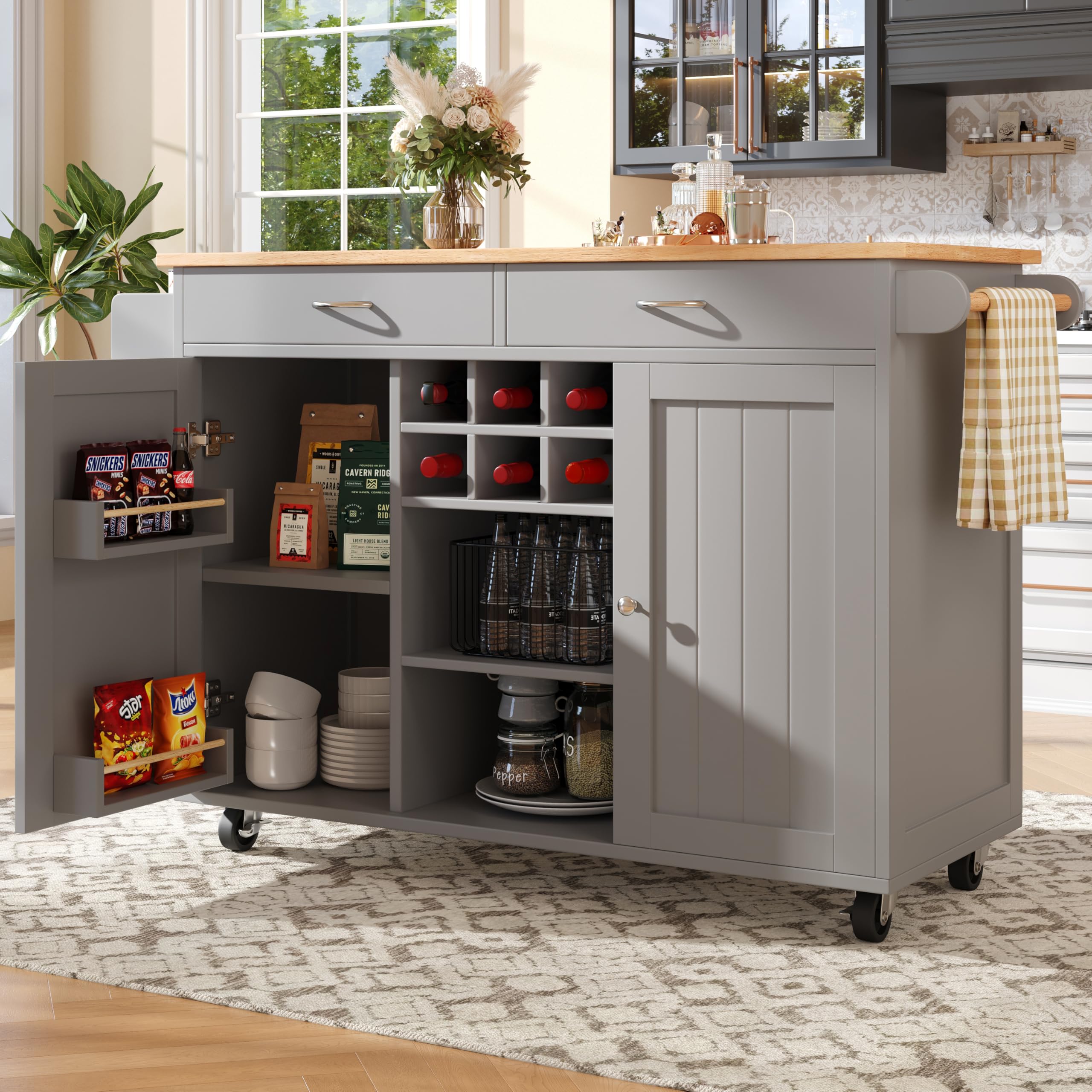 Isla de cocina 102 x 45 x 92 cm, carrito de cocina con 2 cajones, 2 puertas, estantes para puertas, estantes laterales, compartimentos ajustables, estante para vino, toallero, ruedas