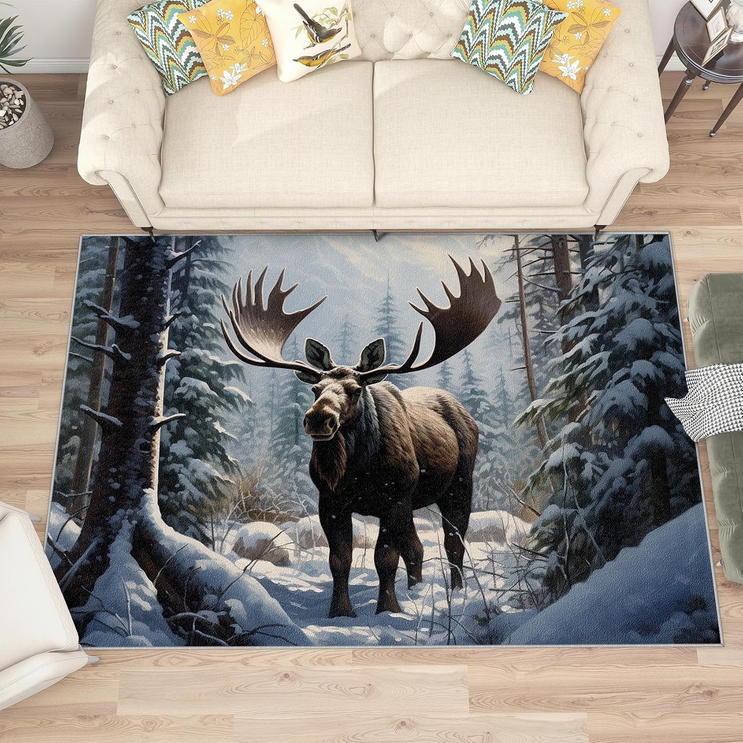Moose Rugs for Living Room - Moose Rug, 5x7 Rug, Wildlife Nature Forest Landscape Area Rug, Cabin Animal Carpet, Washable & Non Slip & Soft Large Rugs, Moose Home Decor Gifts