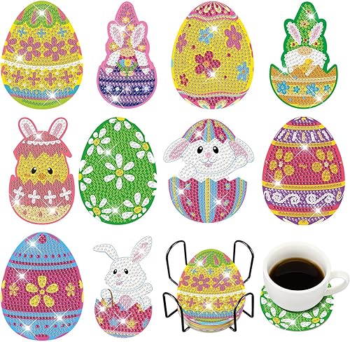 FairySandy 10 posavasos de pintura de diamante de Pascua, posavasos de arte de diamante con soporte para huevos, posavasos de diamante 5D, kit de