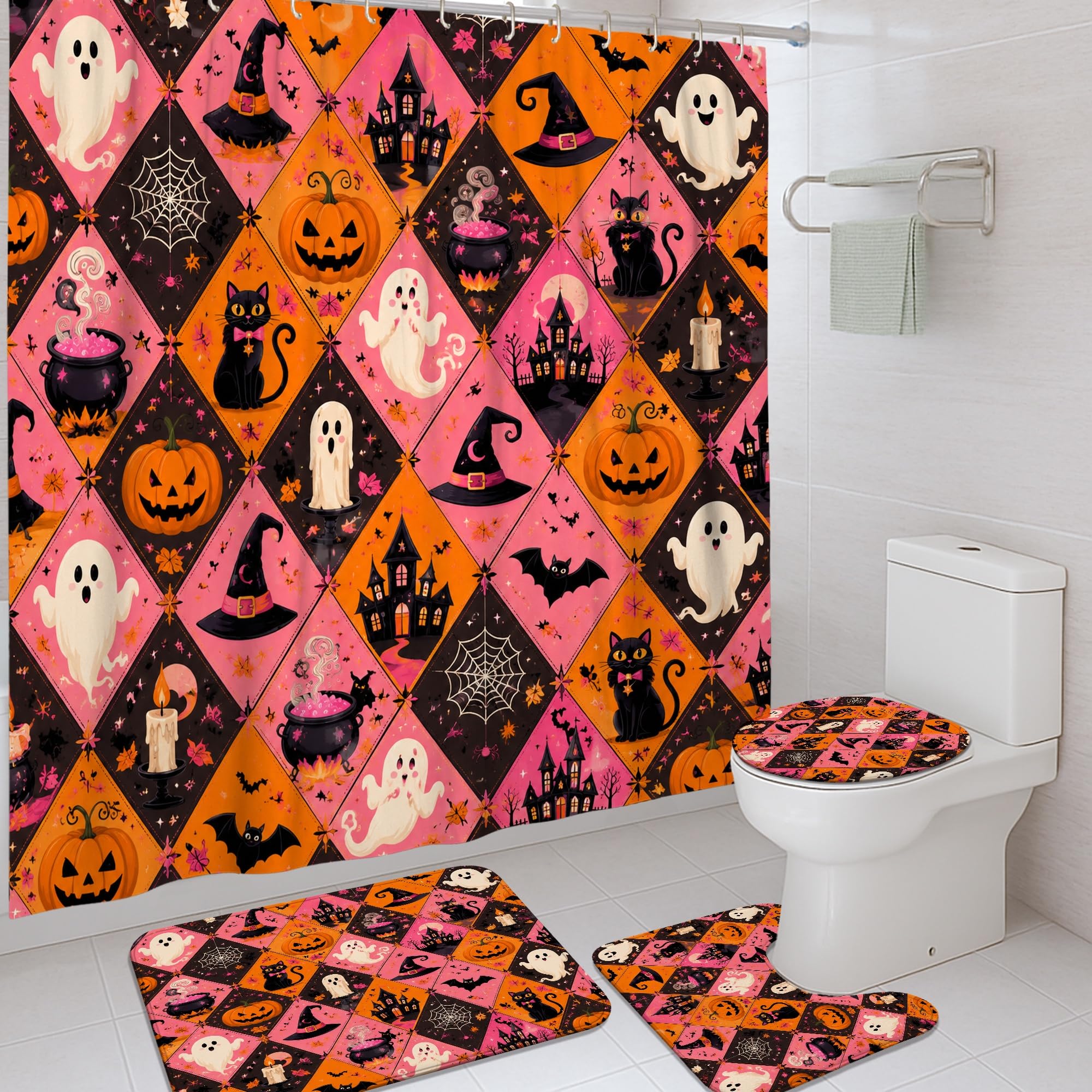 Ensemble rideau de douche Halloween citrouilles et tapis de bain