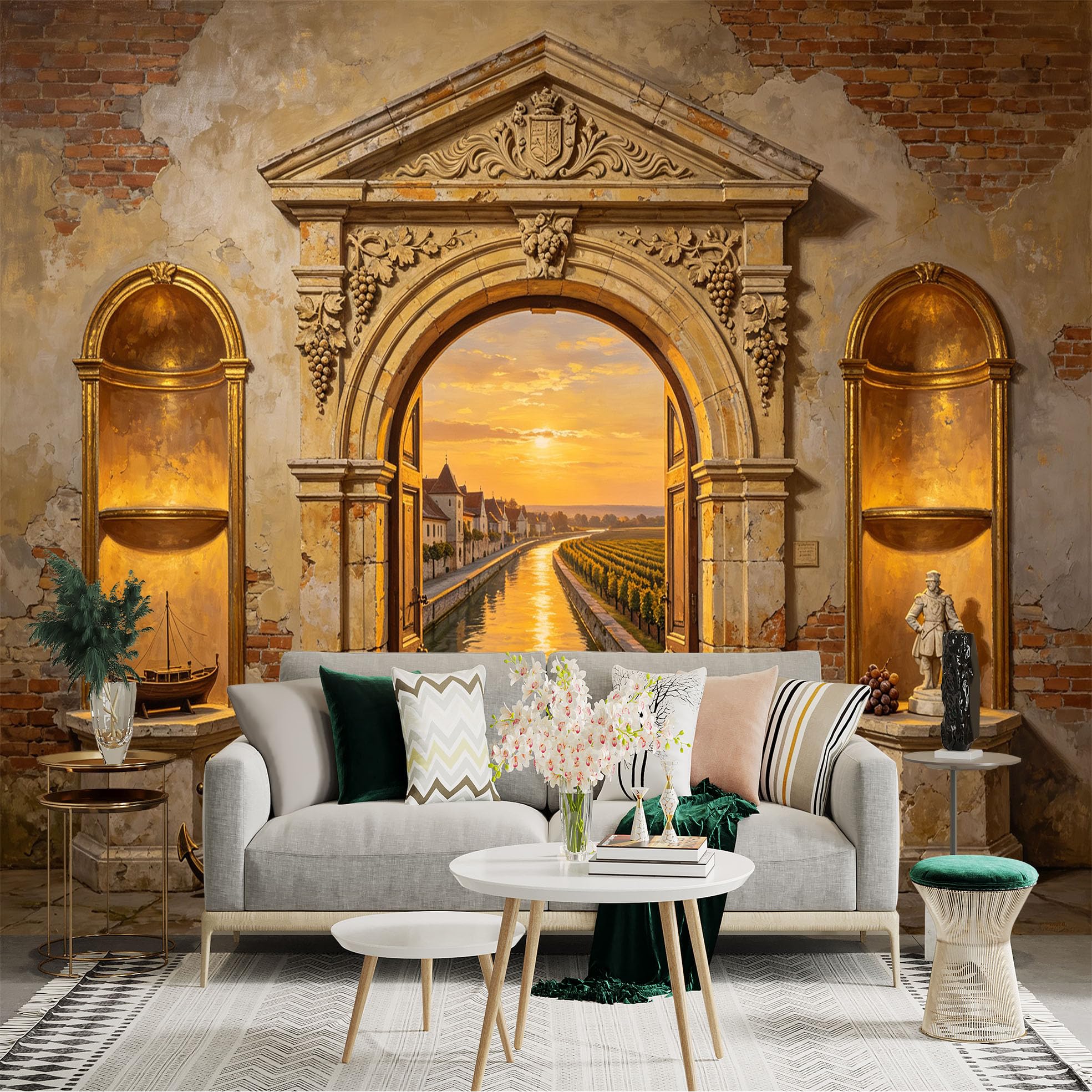 Custom Size Wall Sticker Mural， Vintage Stone Archway with Canal Sunset and Rustic Village， for wall Decoration， peelandstick wall Decals.