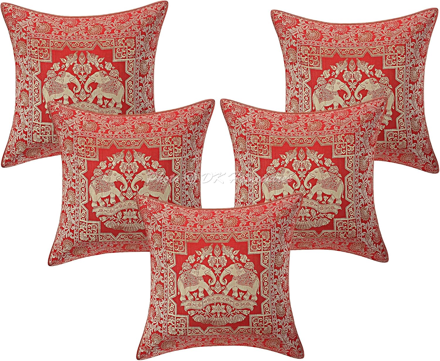 Indian Throw Pillow Covers 16 Inch Brocade Jacquard Weave Ethnic Square Elephant Cushion Covers (Size - 40x40 cm ; Color: Red & Gold) - Set of 5 Pcs (Cover Only)