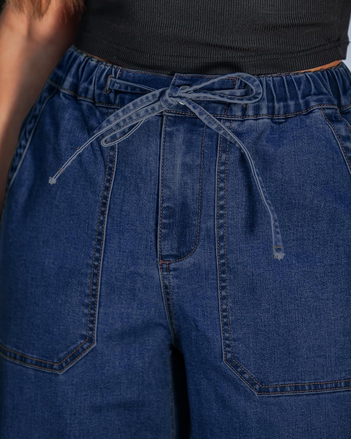 GRAPENT Wide Leg Jeans for Women Trendy High Waisted Drawstring Tie Elastic Waist Stretchy Denim Pants Trouser Jeans - Image 2