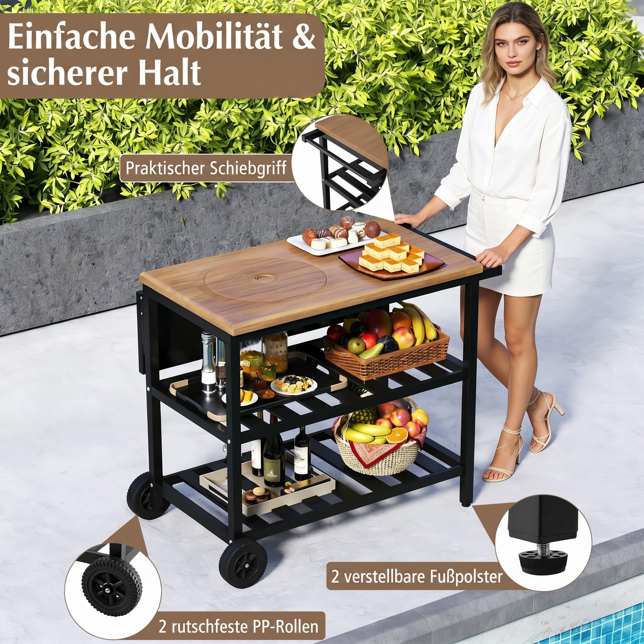 COSTWAY Grillwagen Outdoor, Grilltisch auf Rollen, Servierwagen mit Holzkohlegrill, klappbarem Seitentisch, Arbeitsfläche Holzoptik & 2 Ablagen, Metall, für BBQ Garten Terrasse, 94,5x75x78,5 cm, Braun