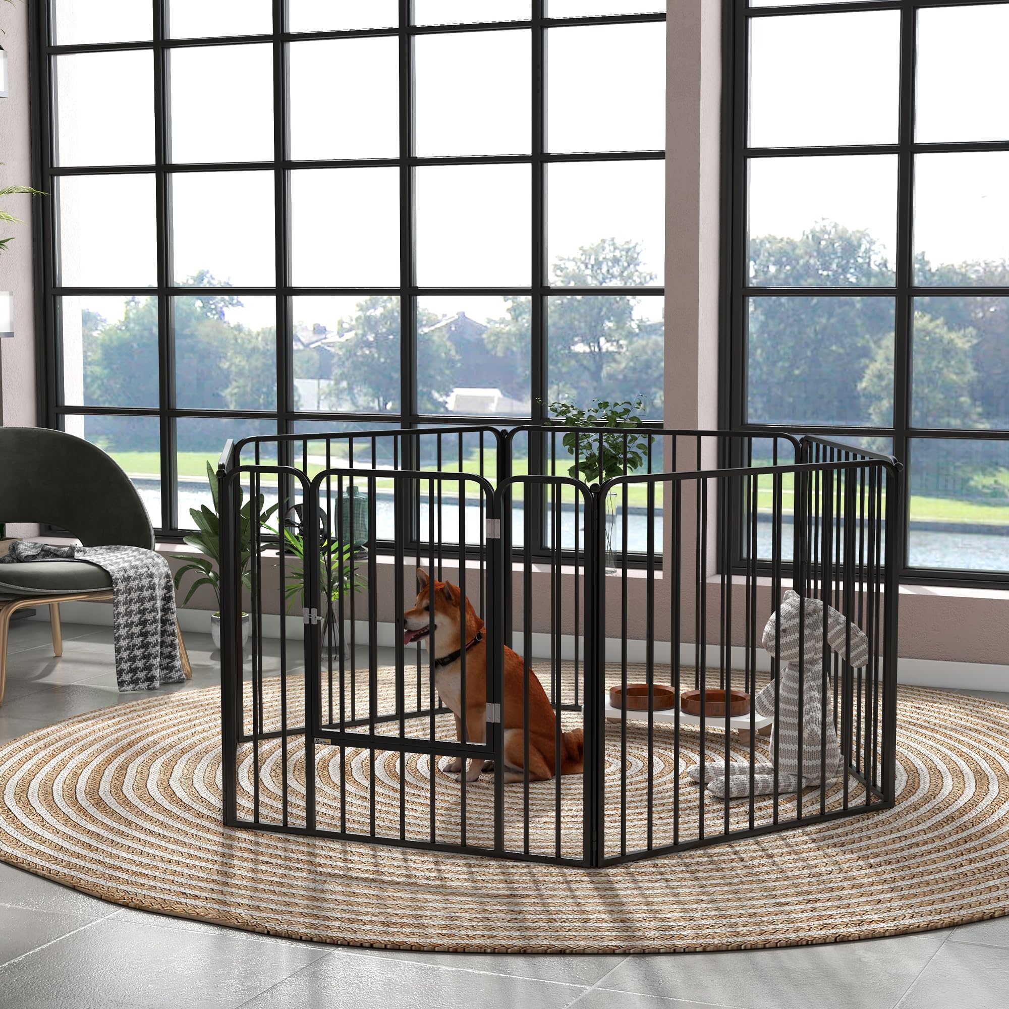 PawHut Box per Cani Taglia Media e Piccola a 6 Pannelli Modulabili da Interno ed Esterno, Cancello per Cani in Acciaio con 9 Picchetti, 164x83x80 cm, Nero
