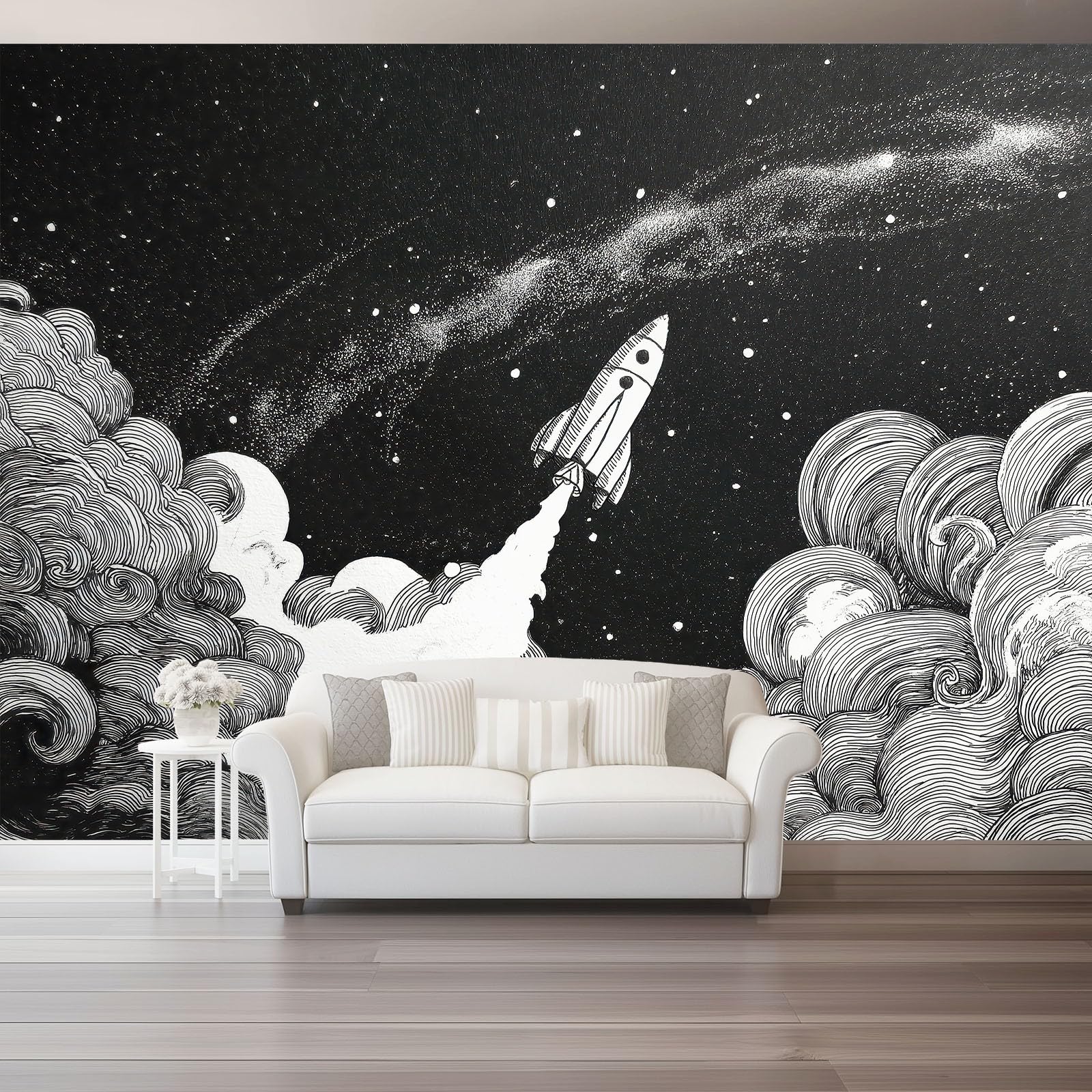 Fototapeta z włókniny 250 x 175 cm, motyw rakiety z kreskówki, ręcznie rysowany motyw, wodoszczelna dekoracja ścienna do pokoju dziecięcego i narożnika na biurko, czarna