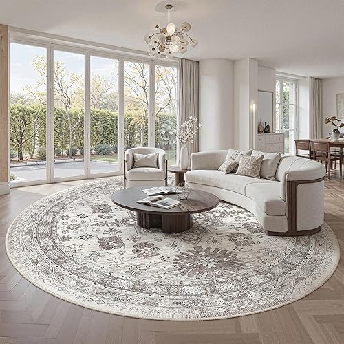 zesthome 9ft Round Rugs for Living Room, Non-Slip Washable Round Area Rugs, Ultra-Thin Large Circle Rugs, Soft Low Pile Rug for Bedroom, Kitchen - Vintage Stain Resistant Round Rug (Brown/Beige,9'x9')