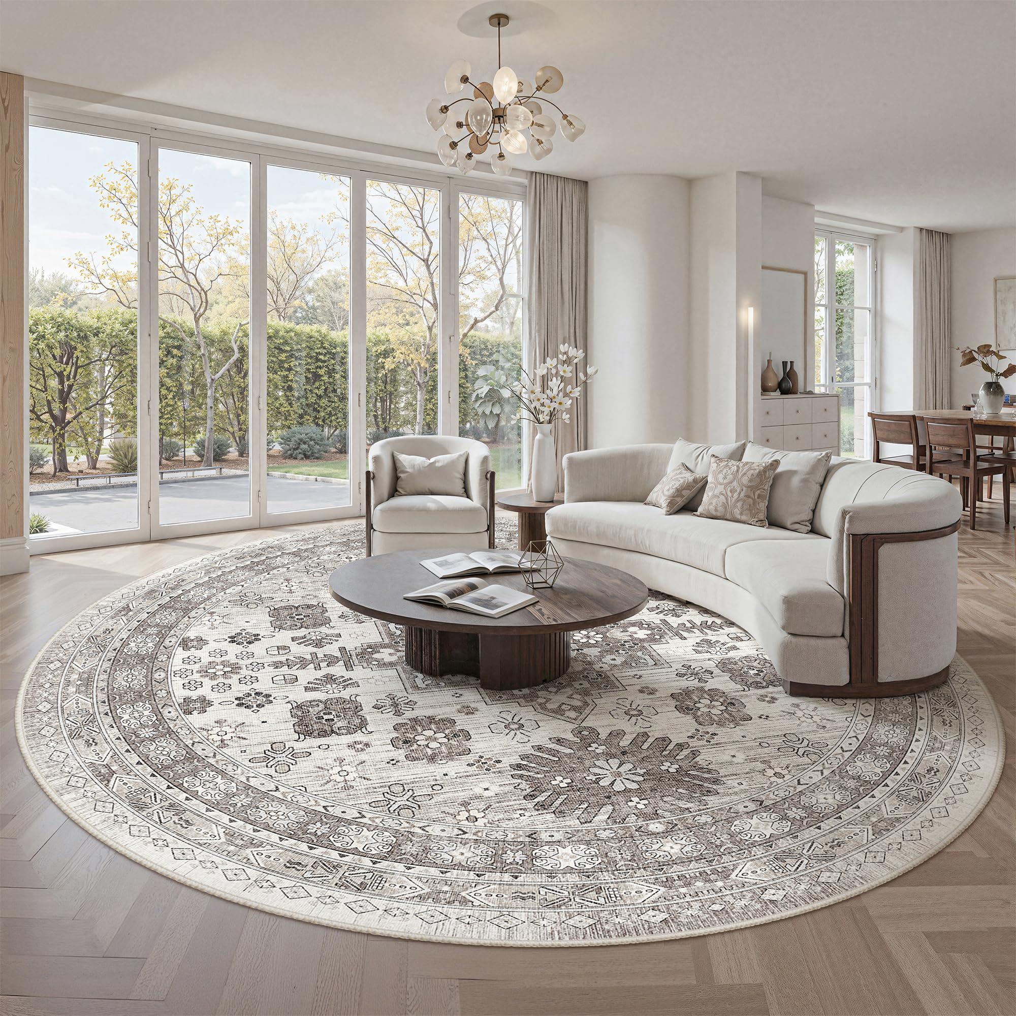 zesthome 9ft Round Rugs for Living Room, Non-Slip Washable Round Area Rugs, Ultra-Thin Large Circle Rugs, Soft Low Pile Rug for Bedroom, Kitchen - Vintage Stain Resistant Round Rug (Brown/Beige,9'x9') — image 1