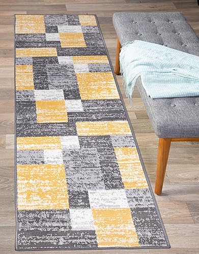 Miniatura 8 de Rugshop Oslo - Alfombra moderna amarilla para pasillo, diseño geométrico, resistente a la decoloración para pasillo o cocina, 2 x 7 pies