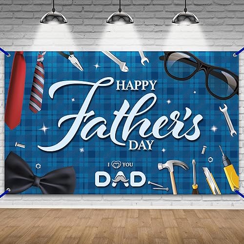 Miniatura 1 de KatchOn, Pancarta azul con texto en inglés «Happy Father's Day», extragrande, 72 x 44 pulgadas, decoración azul del día del padre para fiesta, telón