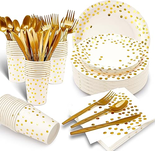 175 artículos de fiesta blancos y dorados, juego de vajilla desechable para fiesta, cuchillos de plástico dorado, tenedores, cucharas. bandeja de