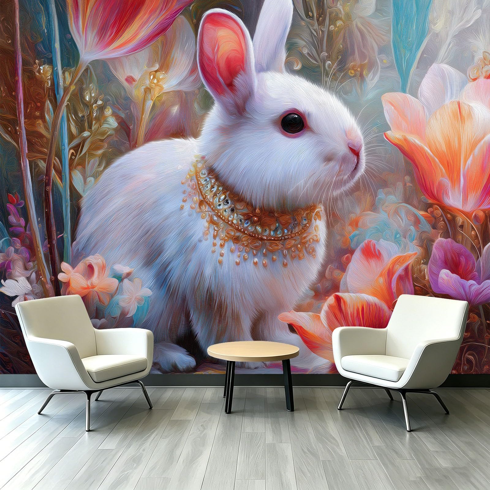 Générique Tapeta 3D z kwiatami tulipana królika 200 x 140 cm | Panoramiczna tapeta z kreskówkowymi zwierzętami | Dekoracja ścienna do salonu, sypialni, kuchni i łazienki | Plakat