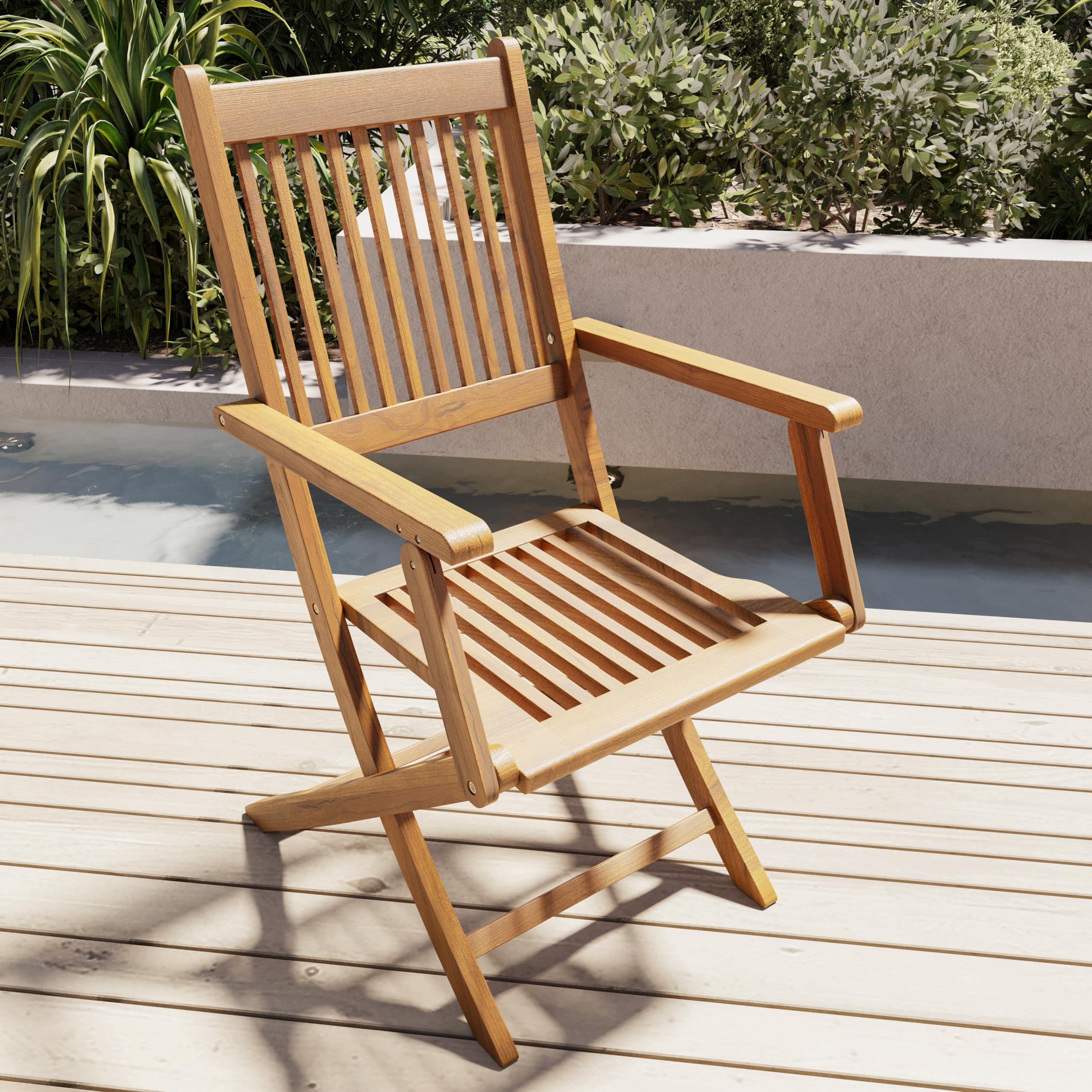 Set di 4 Sedie Da Giardino Pieghevoli Con Braccioli Seduta e Schienale Alto Con Doghe In Legno Massiccio Naturale Di Acacia 91 x 58 x 52 cm Per Giardino Esterno Piscina Patio Terrazzo Balcone