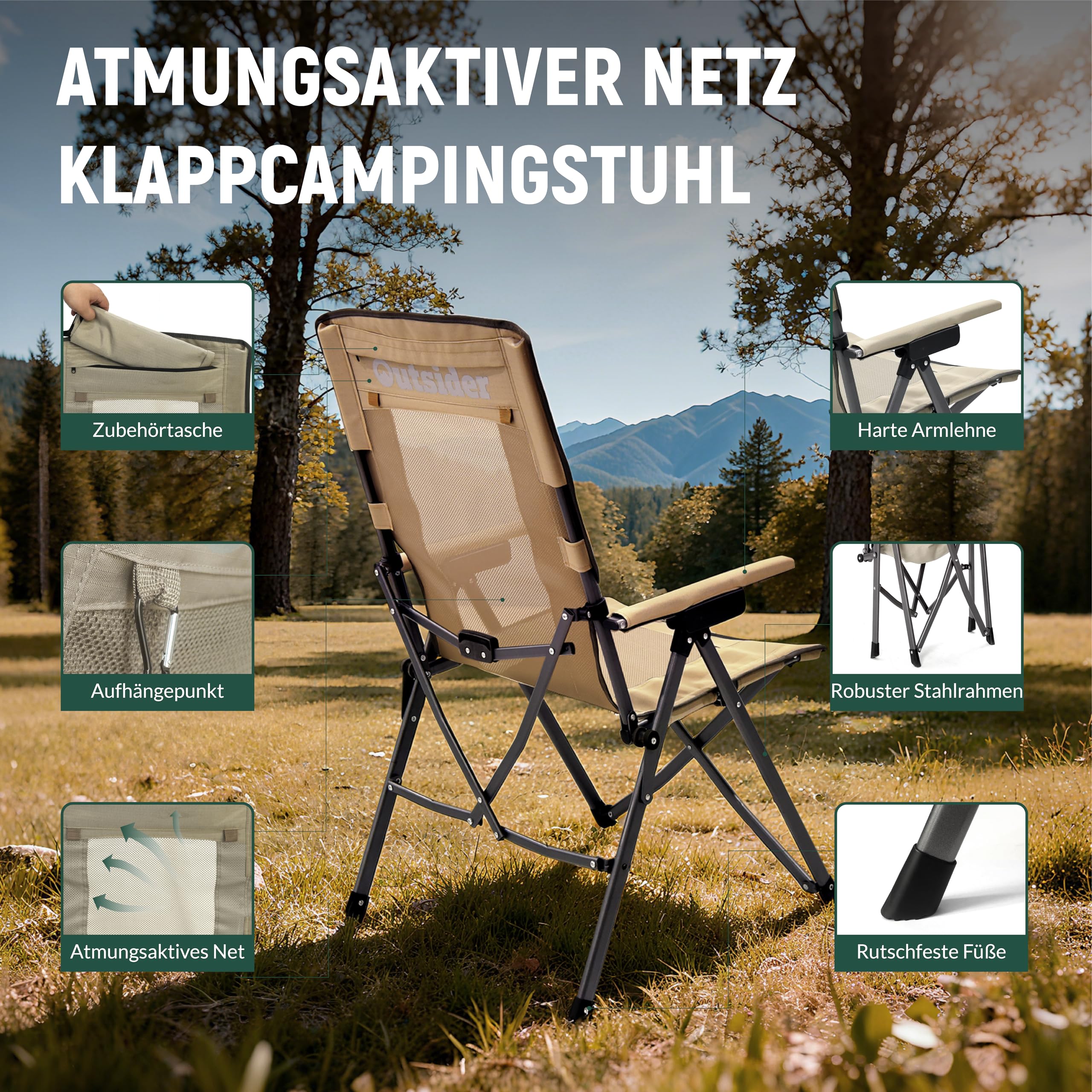 OUTSIDER Campingstuhl Klappbar Anglerstuhl Mit Verstellbarer Rückenlehne | 3-Fach Verstellbar Bis 150 kg, Atmungsaktives Netzgewebe, 600D Oxford, Tasche Für Camping, Angeln & Garten