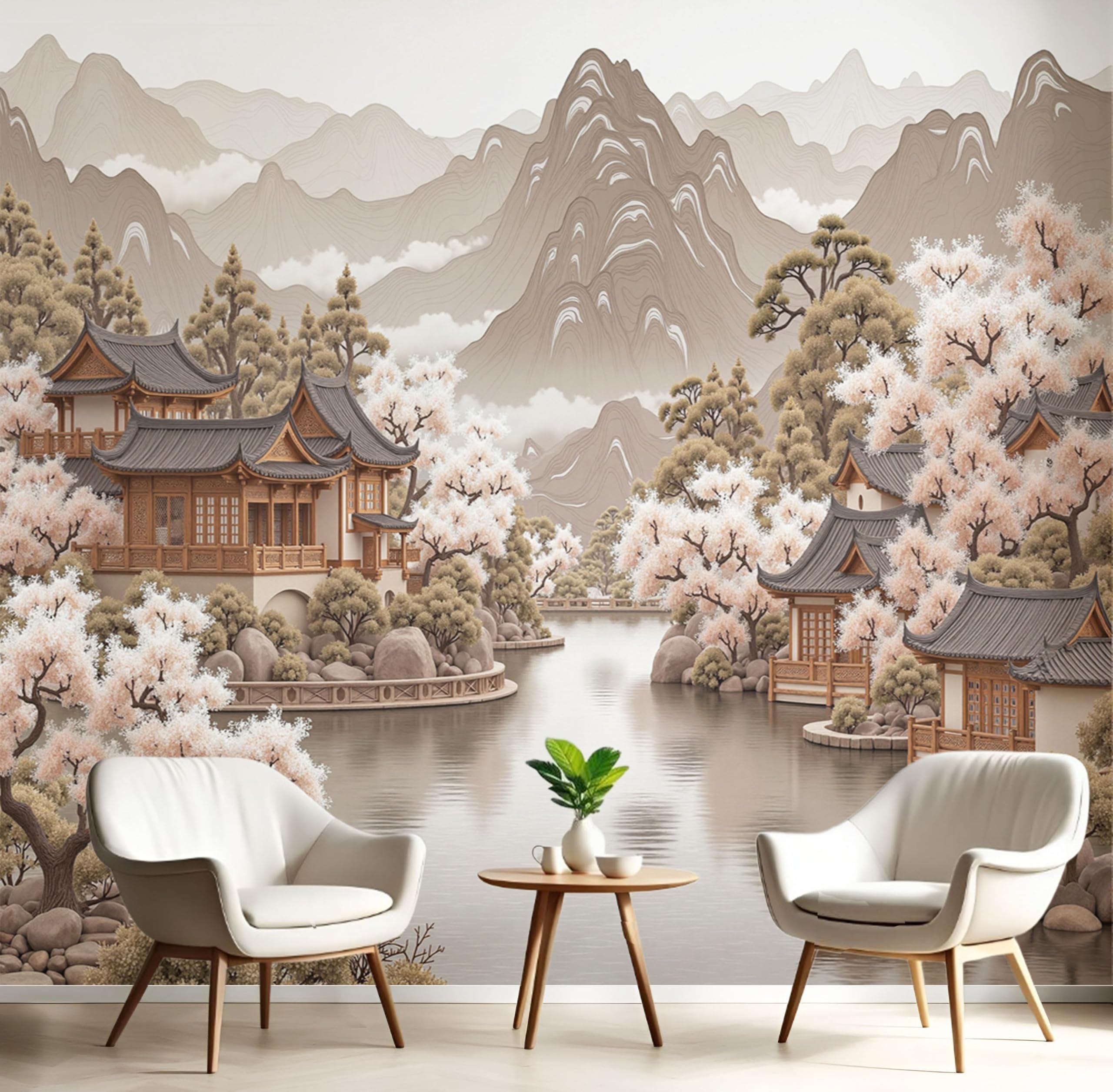 Papier peint panoramique montagne en fleurs pêcher fresque murale 350x256cm rose brun