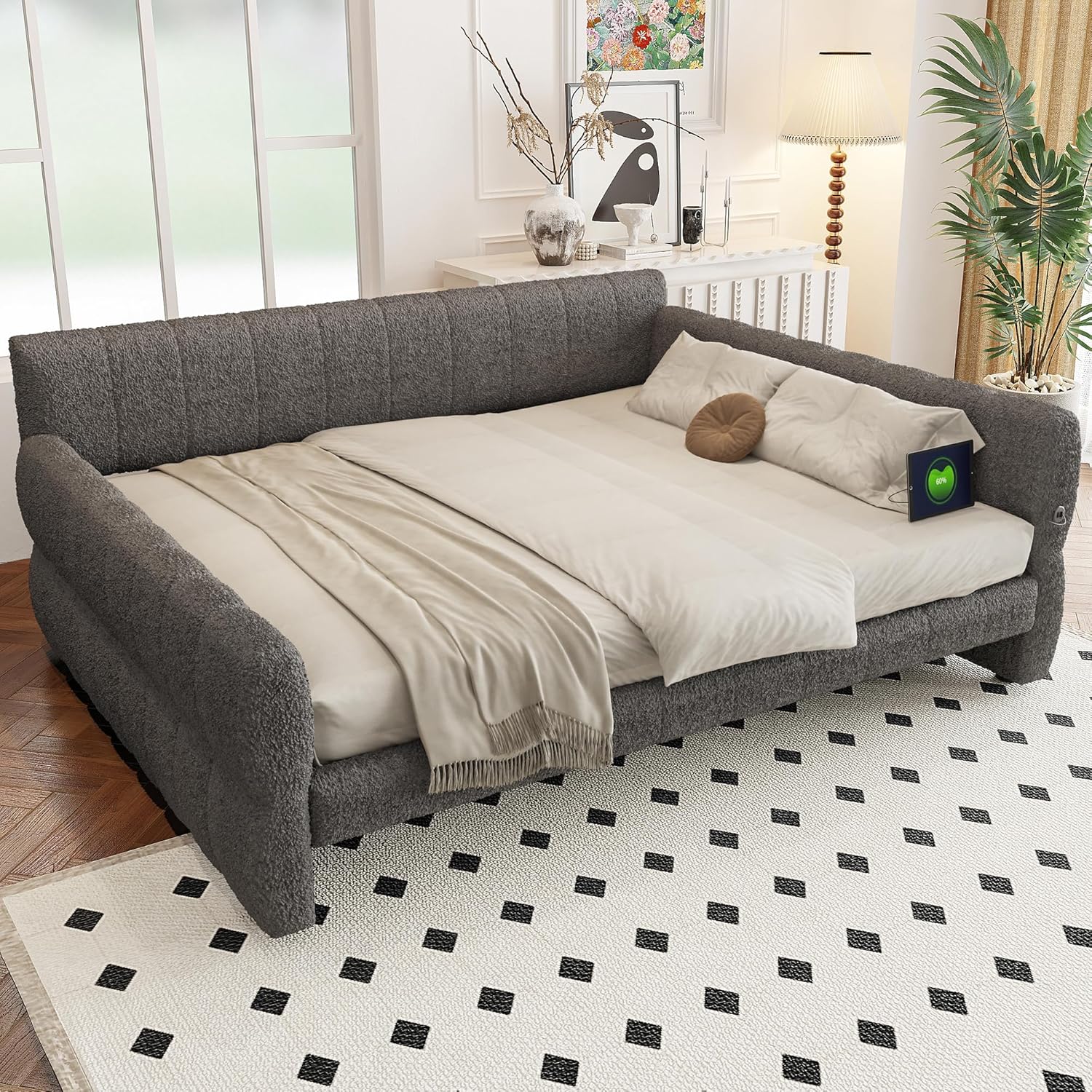King Size Daybed Frame with USB-Ports, Upholstered Lambswool Sleeper Day Bed Couch with Armrest, No Box Spring Required, Easy Assemble, Kids, Adults, Boys, Girls, Gray