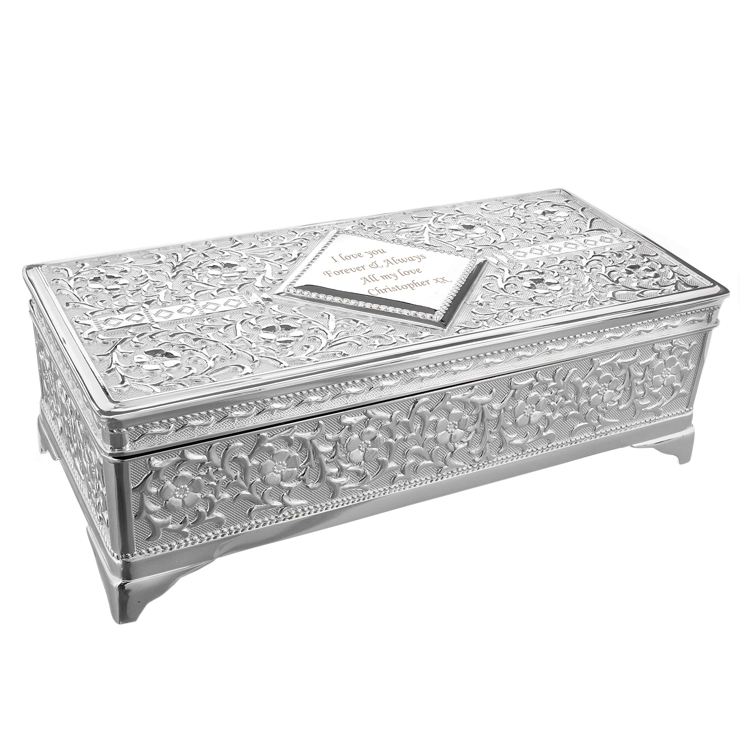 Personalised Memento Silver Custom Personalised Laser Engraved Antique Jewellery Trinket Box Plated Ideal Anniversary, Mum, Weddings, Christmas, For Her.