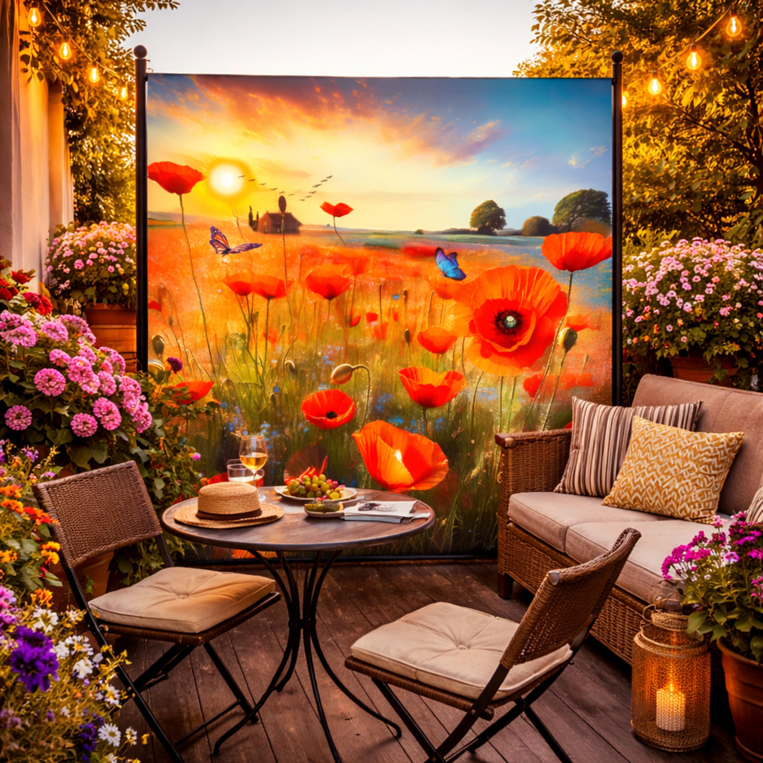 Paravent 180 x 180 cm Poppy Meadow Cloison de séparation pour balcon jardin Brise-vue